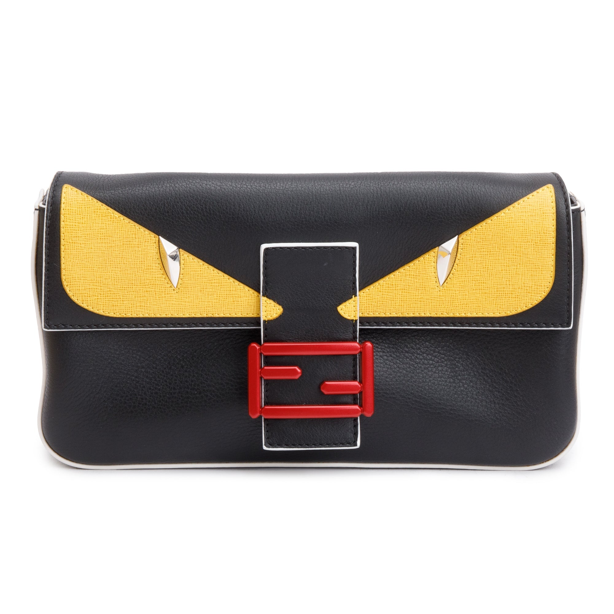 Fendi Black/Yellow Calf Leather Monster Eye Convertible Baguette Bag w/ Strap & Box