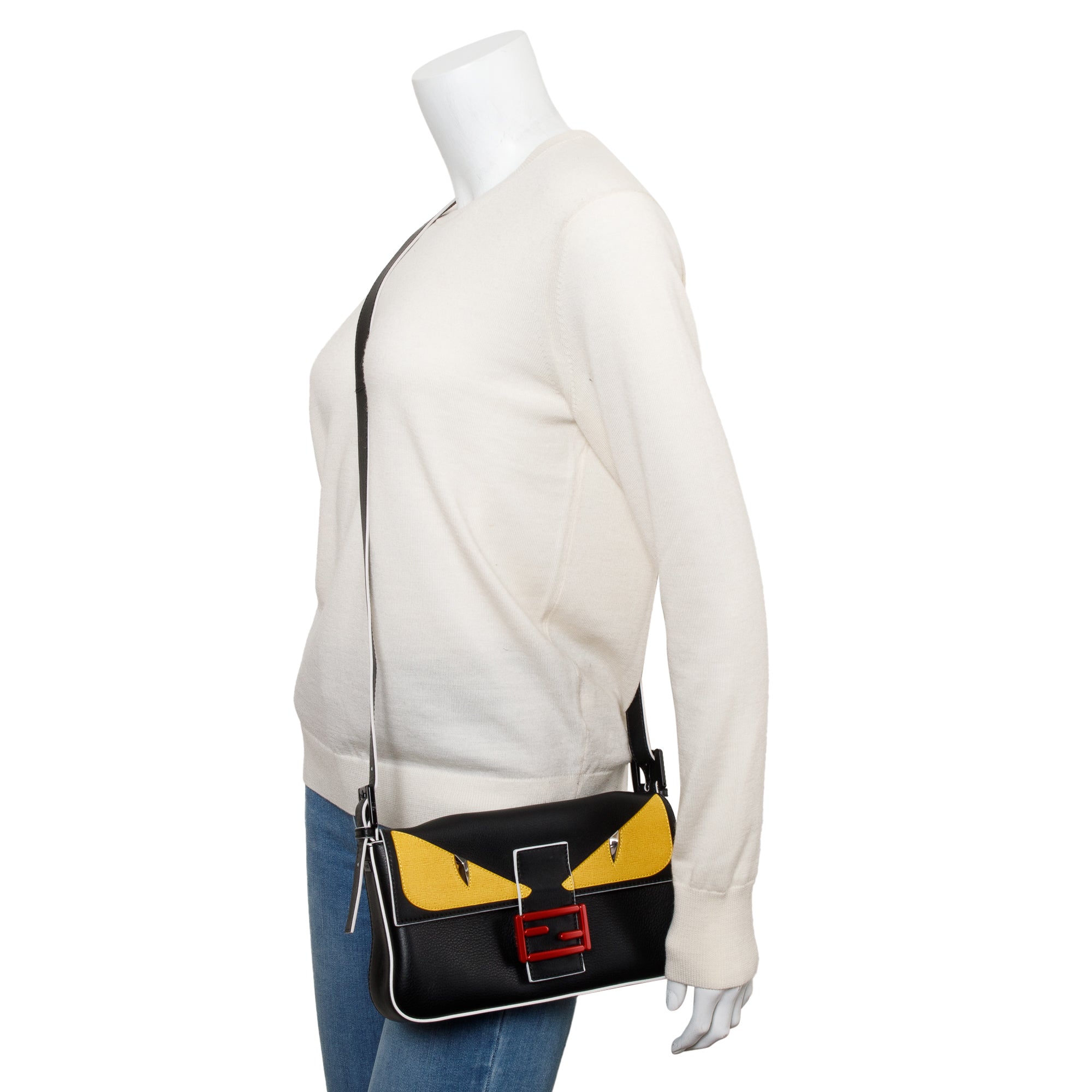 Fendi Black/Yellow Calf Leather Monster Eye Convertible Baguette Bag w/ Strap & Box