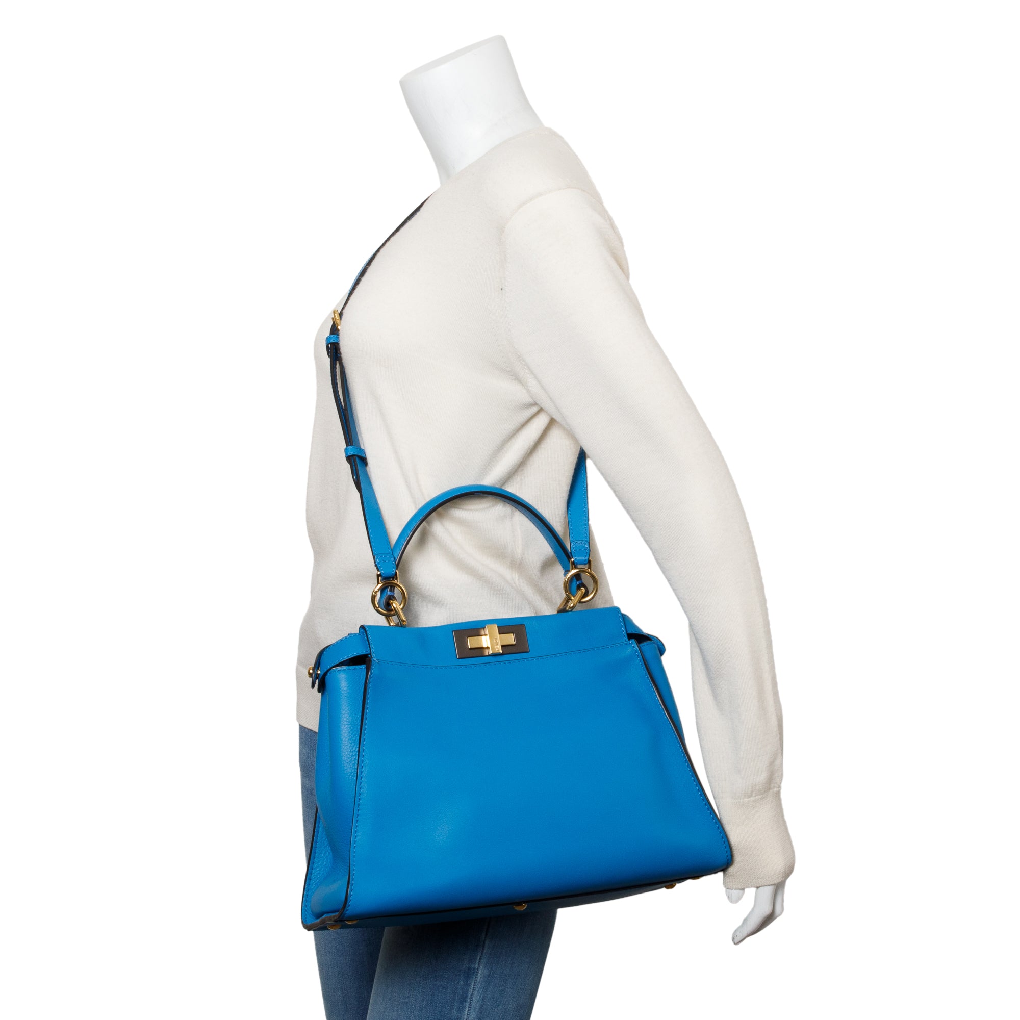 Fendi Blue Calfskin Leather Medium Peekaboo Bag w/ Strap