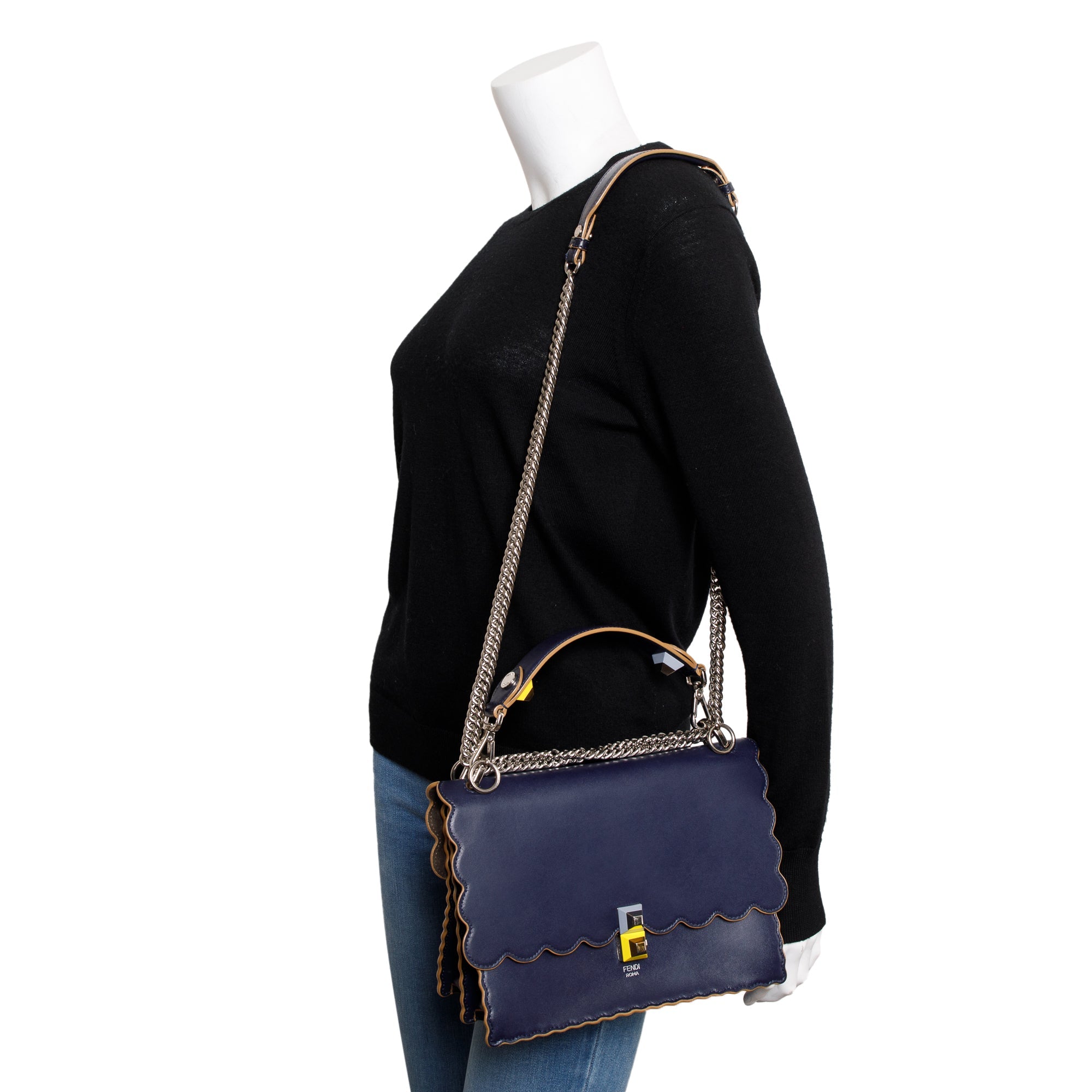 Fendi Blue Calfskin Leather Scalloped Studded Kan I Shoulder Bag