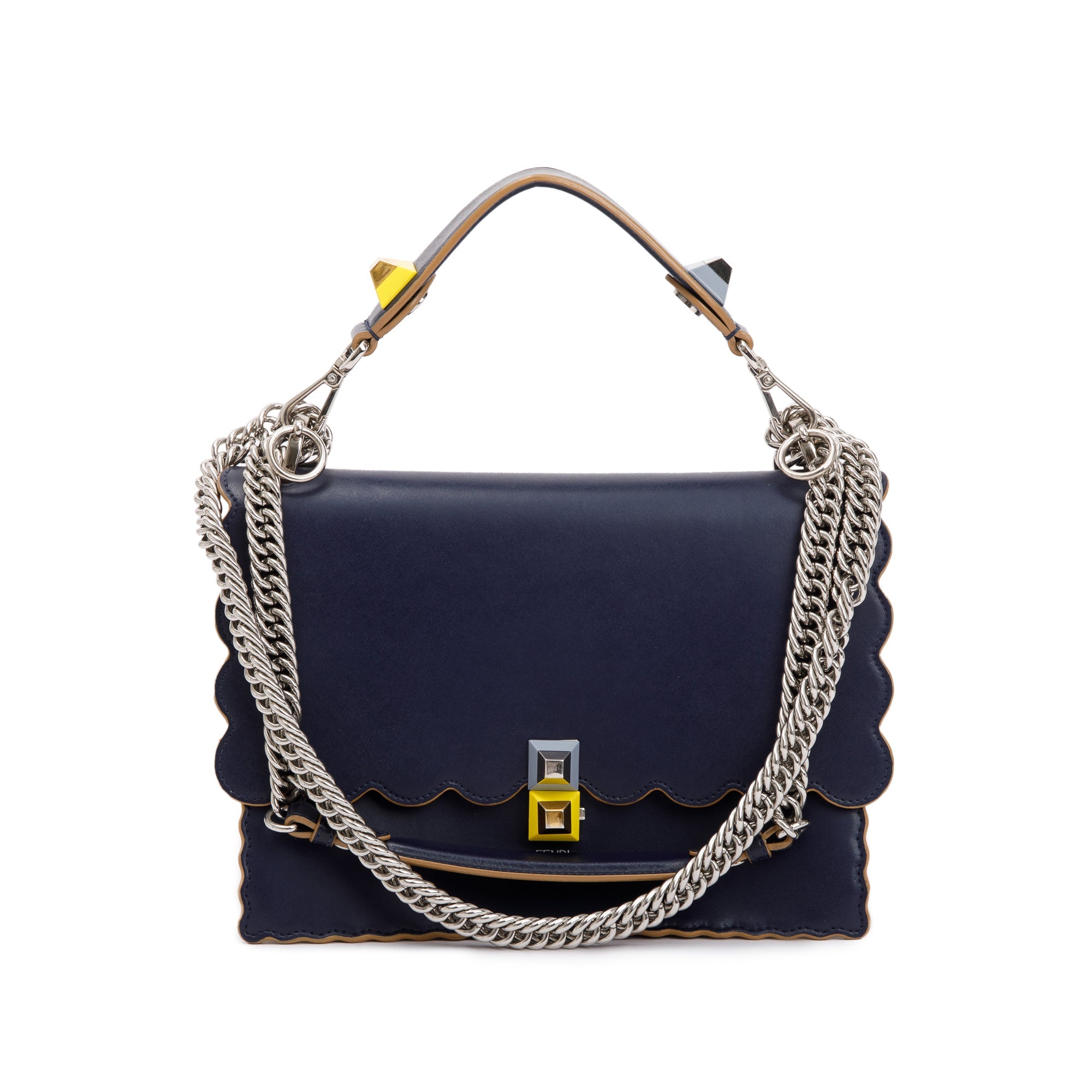 Fendi Blue Calfskin Leather Scalloped Studded Kan I Shoulder Bag