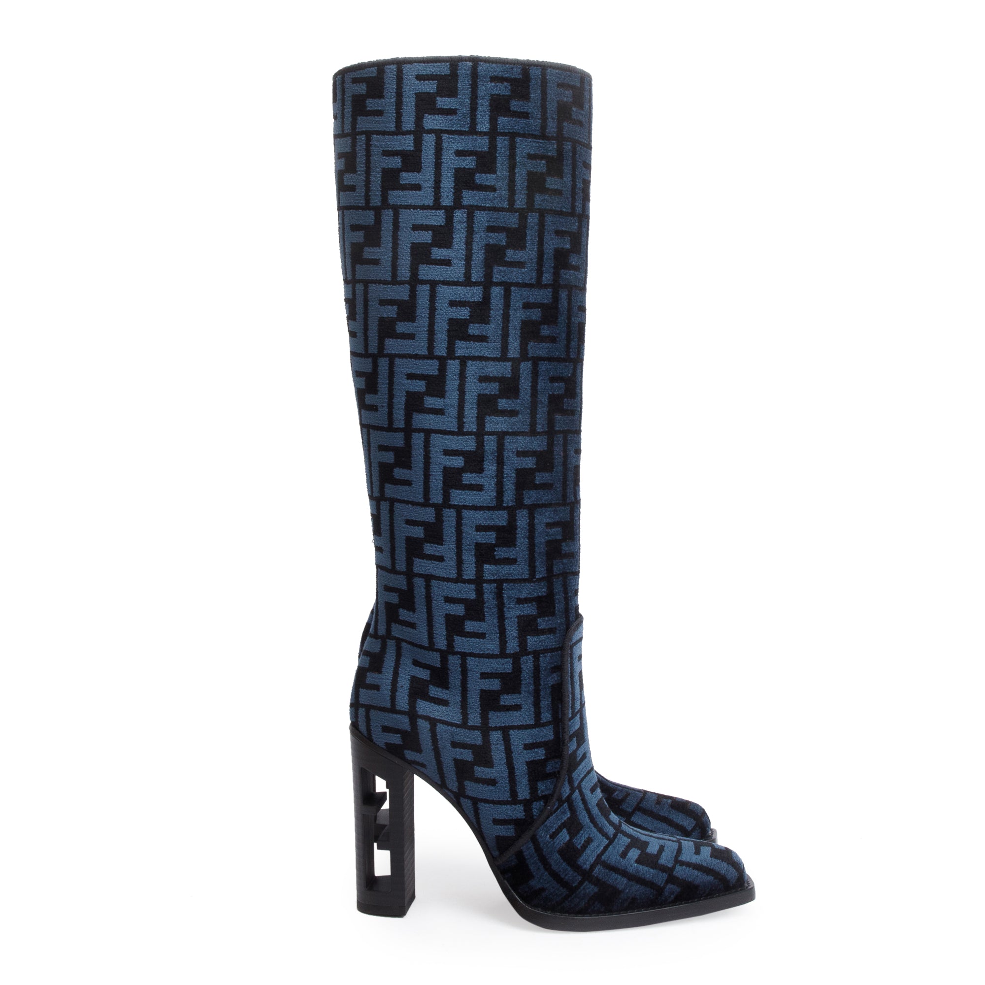 Fendi Blue Chenille Jacquard FF Cut 110 Baguette Knee High Boots, Size 36 w/ Box