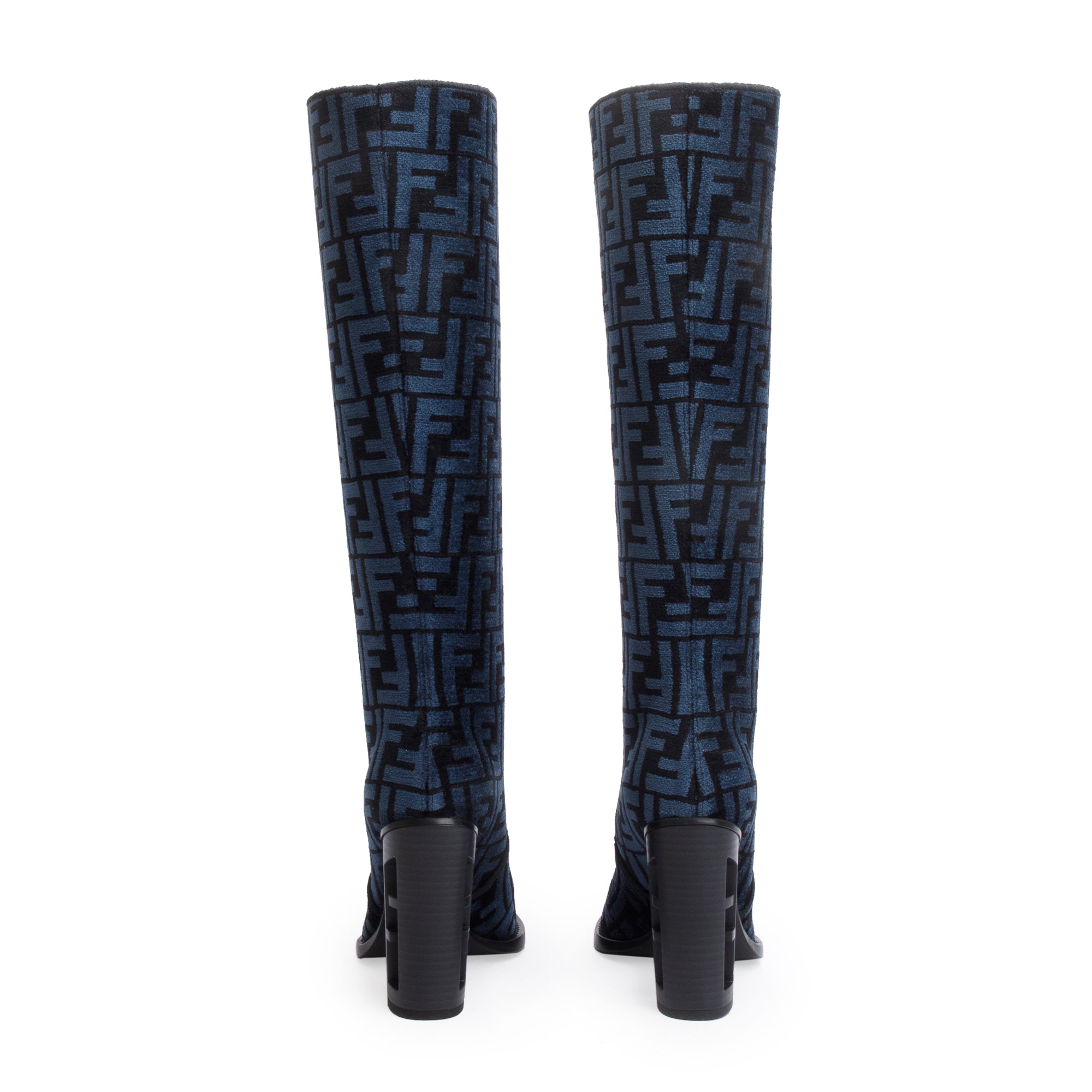 Fendi Blue Chenille Jacquard FF Cut 110 Baguette Knee High Boots, Size 36 w/ Box