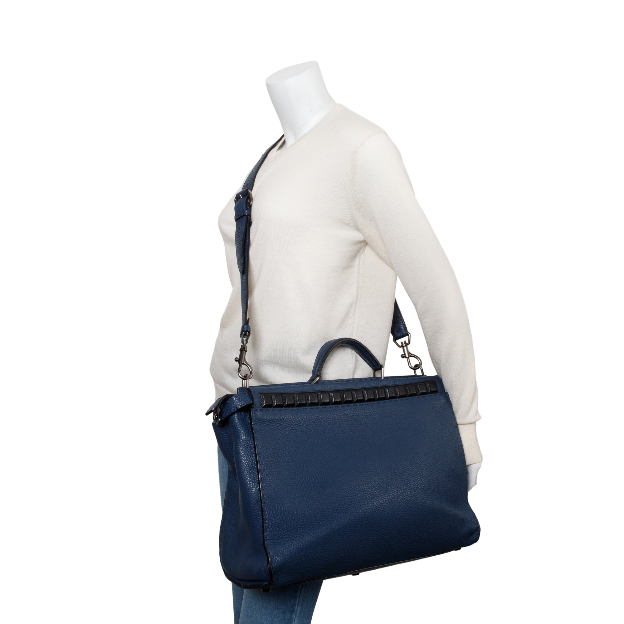 Fendi Blue Selleria Leather Studded XL Peekaboo Bag w/ Strap