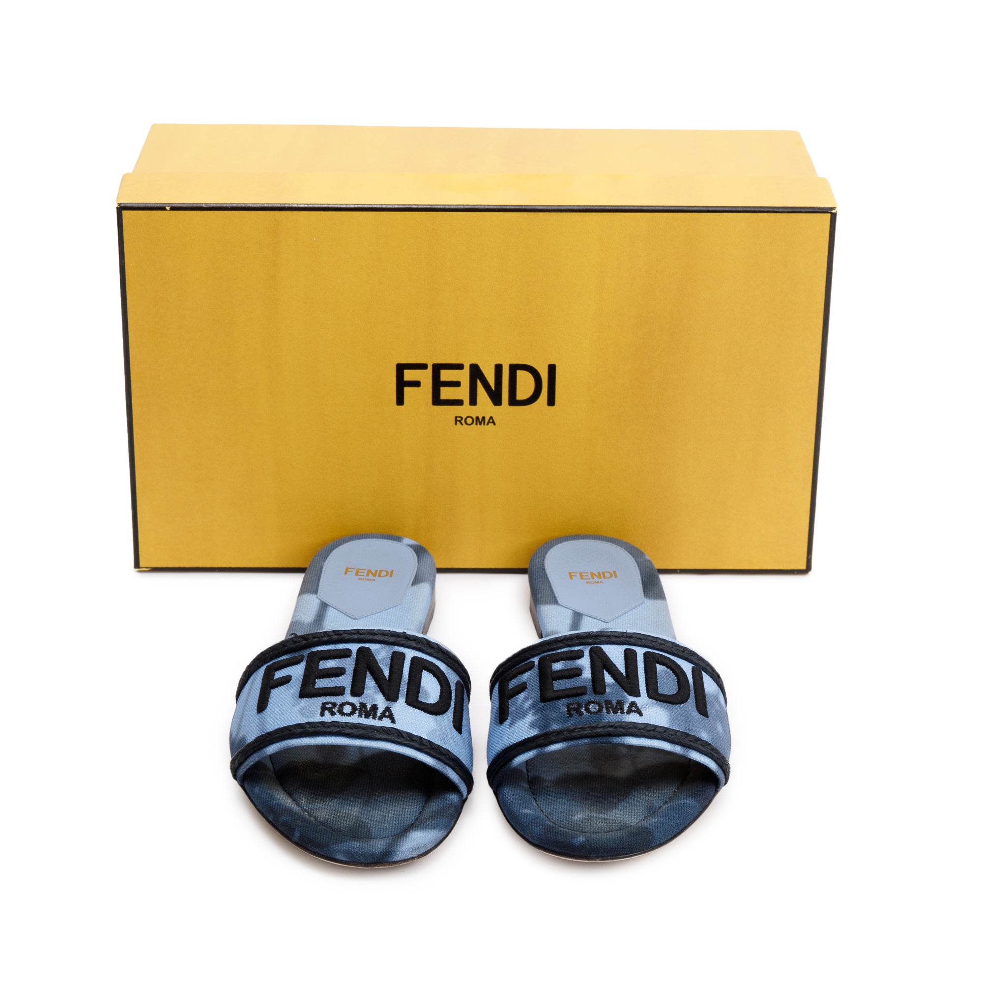 Fendi Blue Signature Logo Canvas Fendi Roma Slides, Size 38.5 w/ Box