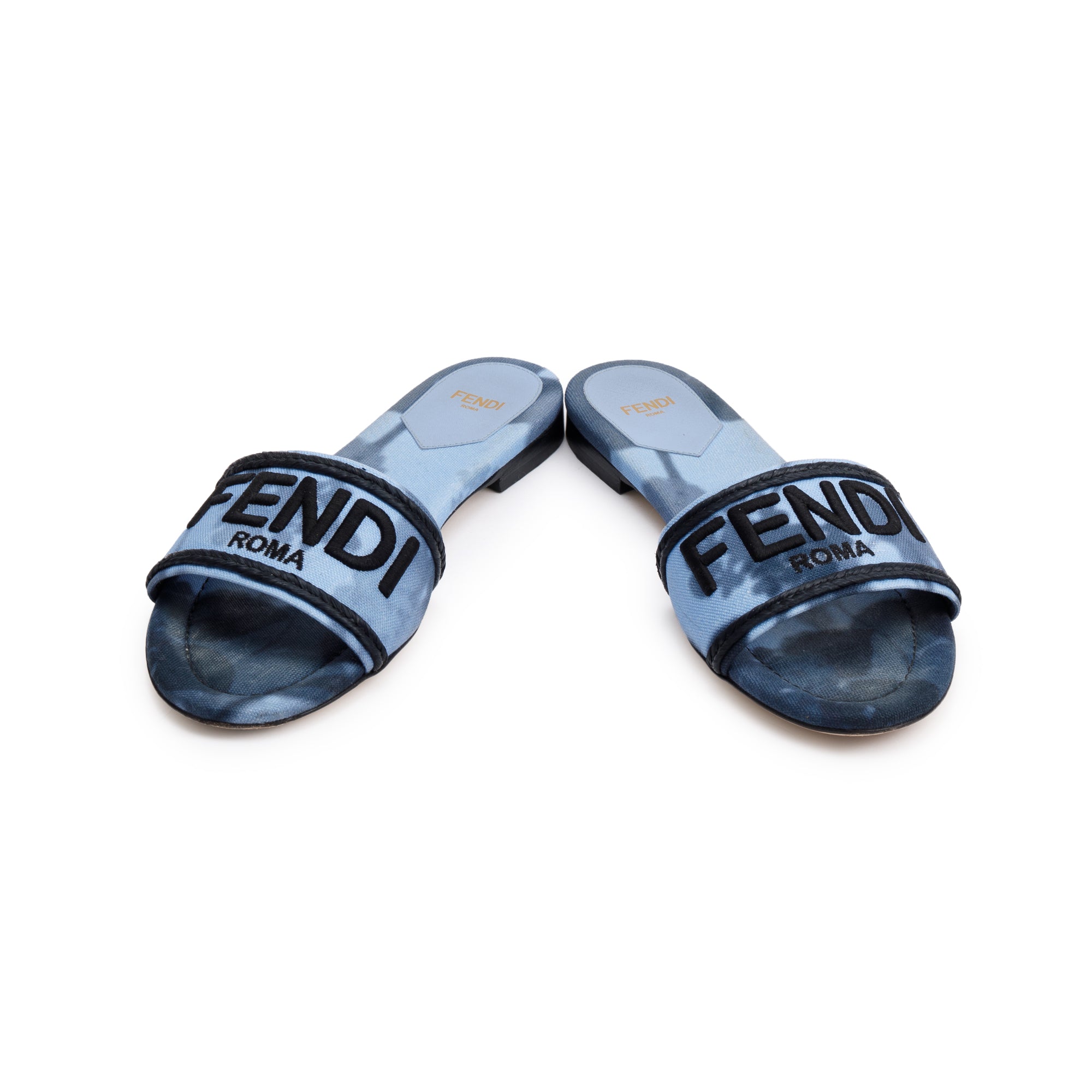 Fendi Blue Signature Logo Canvas Fendi Roma Slides, Size 38.5 w/ Box