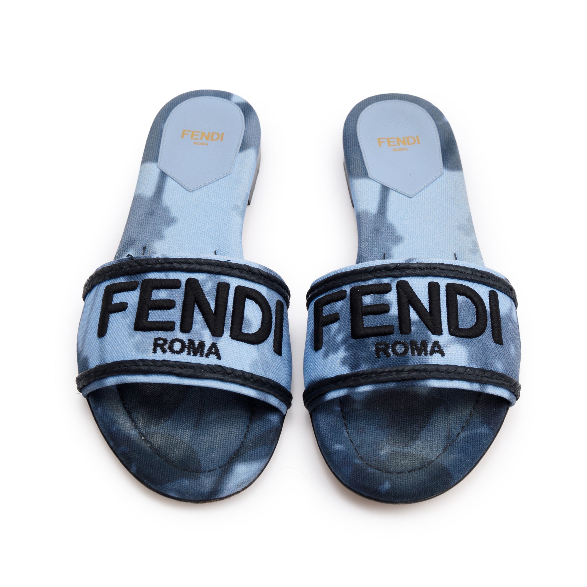 Fendi Blue Signature Logo Canvas Fendi Roma Slides, Size 38.5 w/ Box