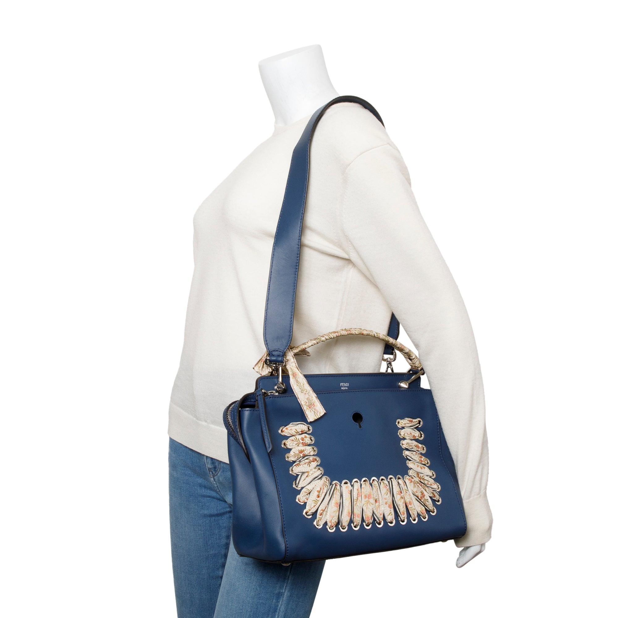 Fendi Blue Vitello Leather Baltico Ribbon Lace Up DotCom Satchel