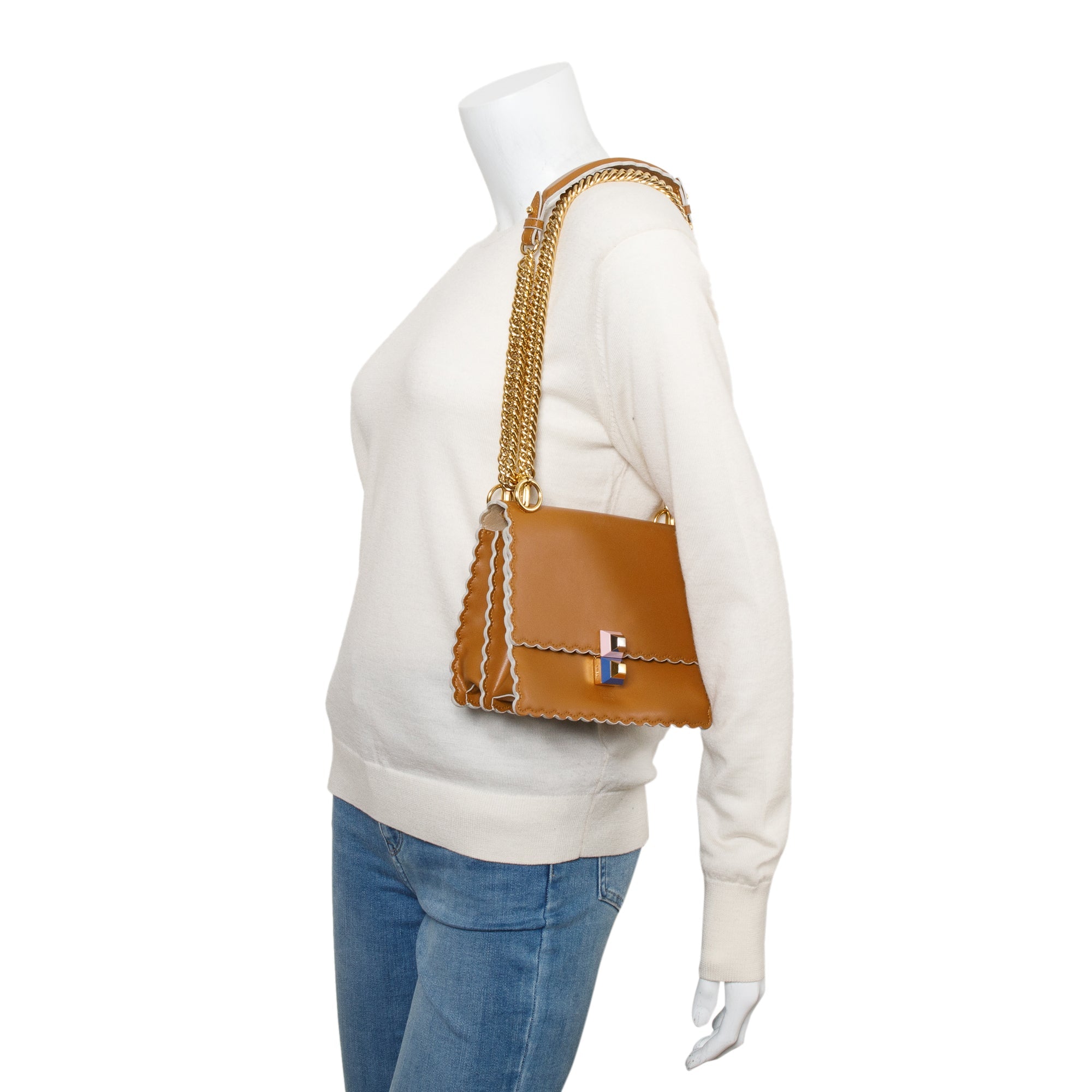 Fendi Brown Calfskin Leather Small Kan I Scallop Shoulder Bag