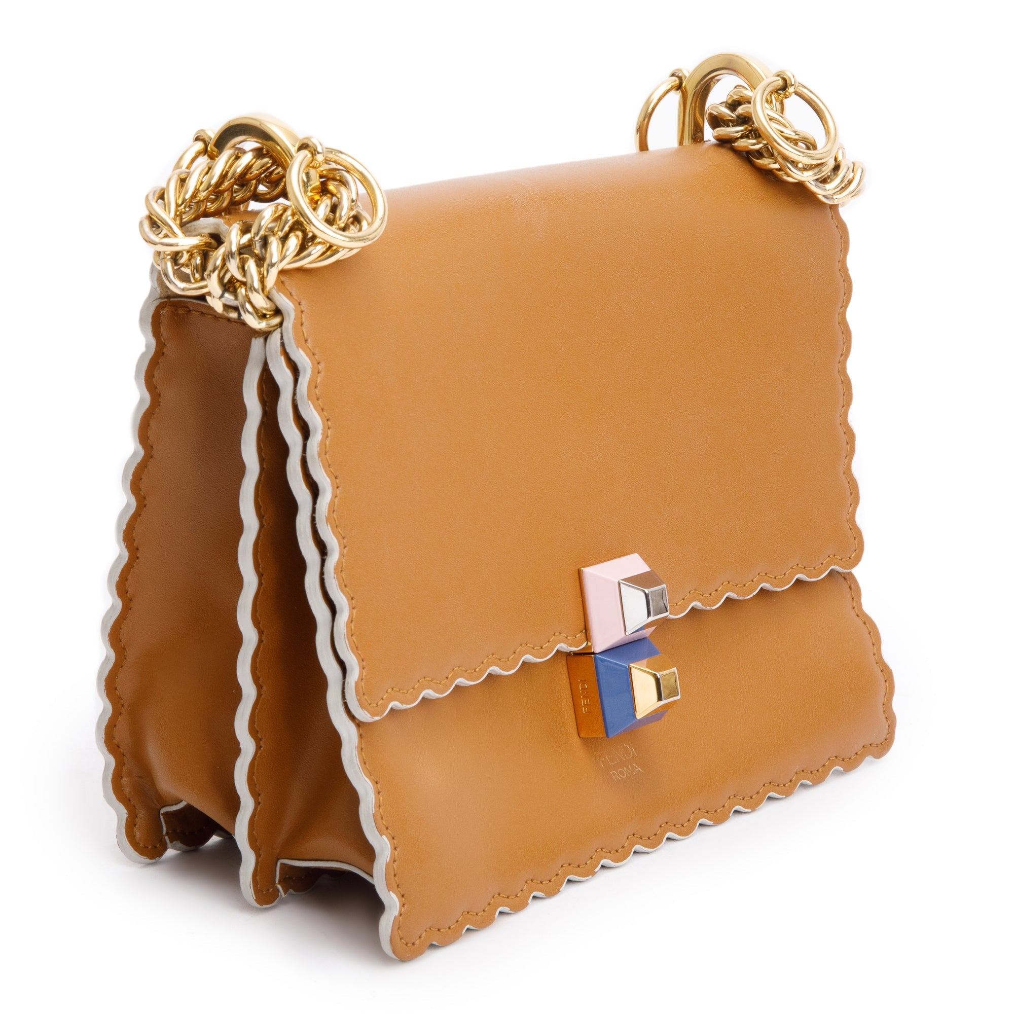 Fendi Brown Calfskin Leather Small Kan I Scallop Shoulder Bag