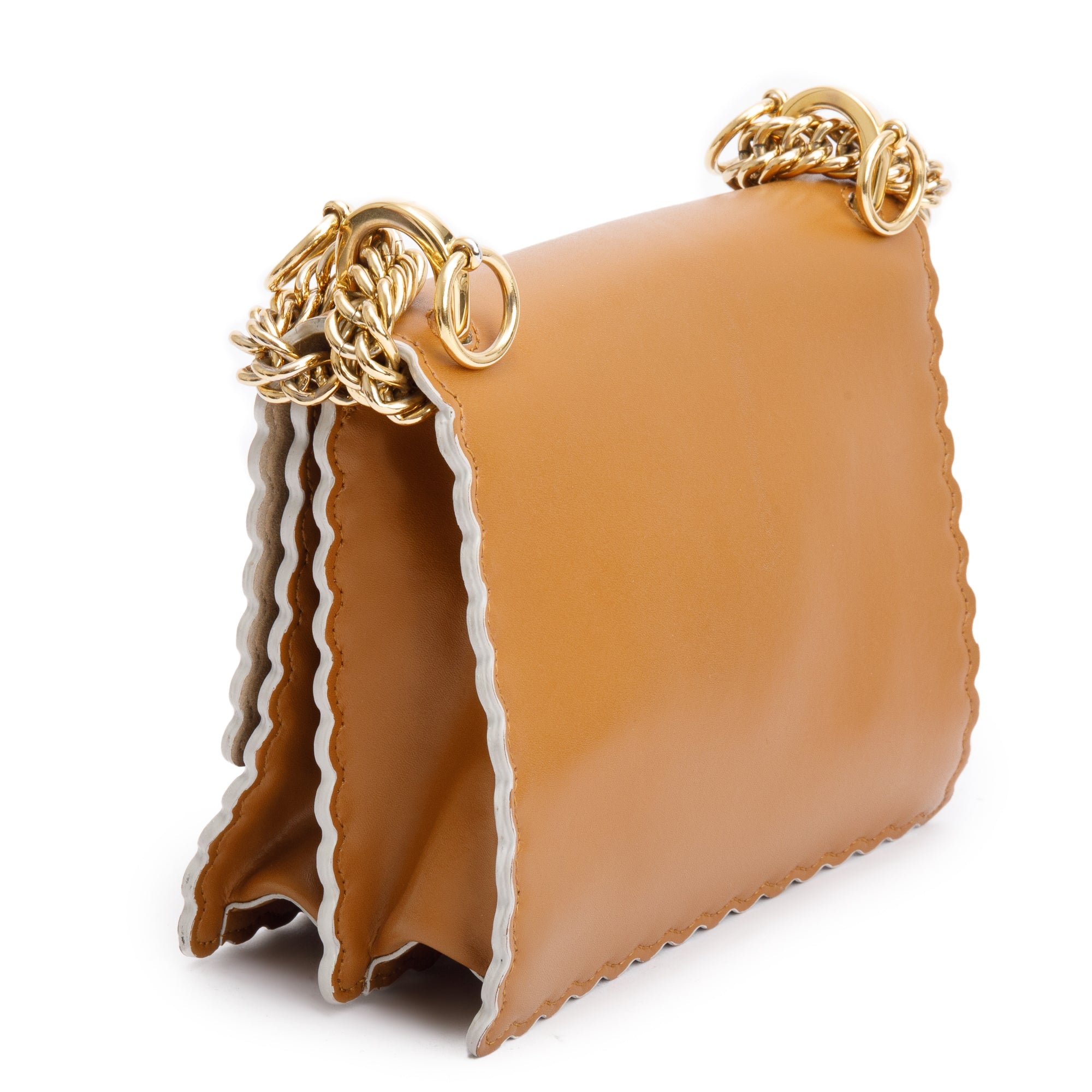 Fendi Brown Calfskin Leather Small Kan I Scallop Shoulder Bag