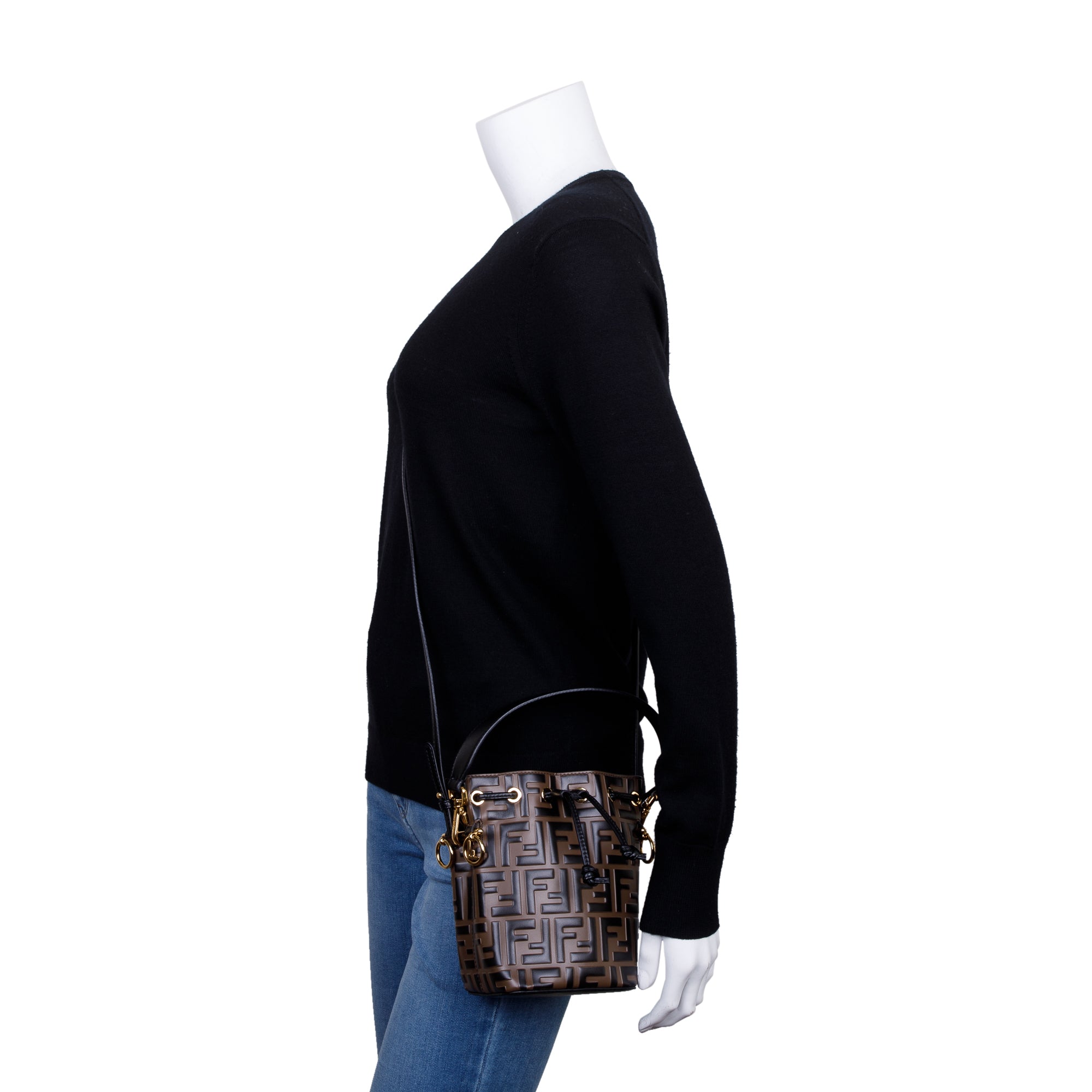 Fendi Brown FF 1974 Embossed Calfskin Leather Mini Mon Tresor Bucket Bag w/ Strap