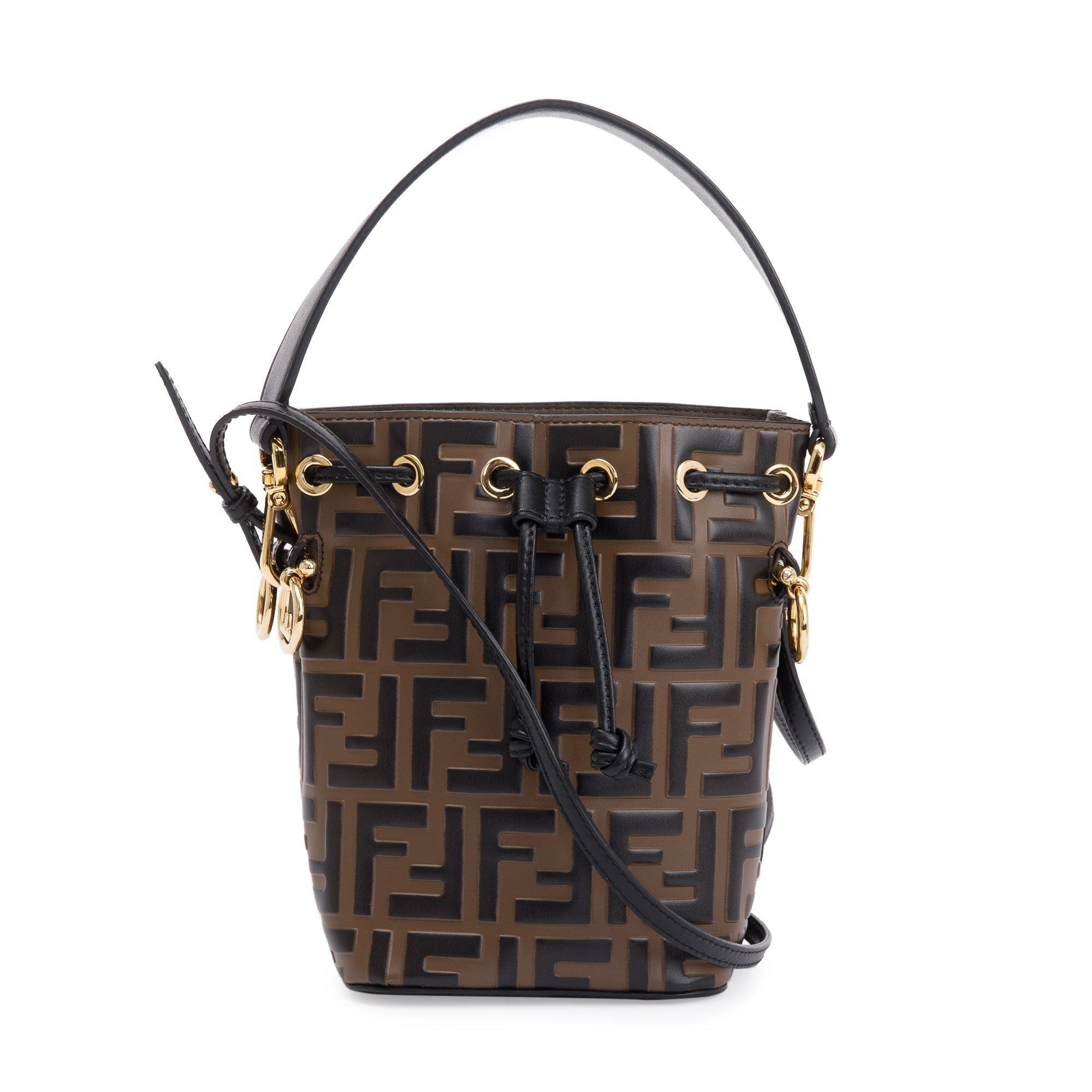 Fendi Brown FF 1974 Embossed Calfskin Leather Mini Mon Tresor Bucket Bag w/ Strap