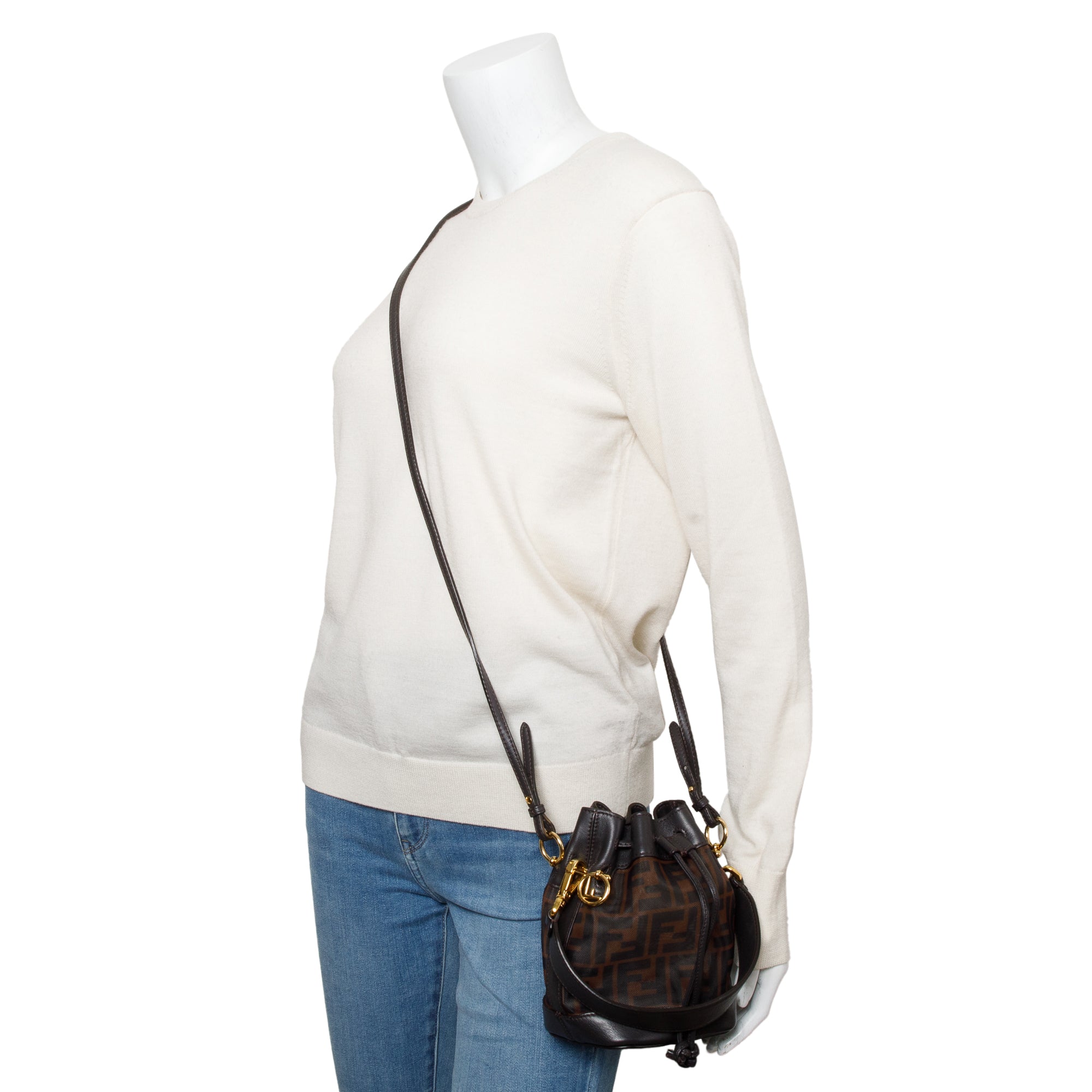 Fendi Brown FF Mesh Leather Trimmed Mini Mon Tresor Bucket Bag