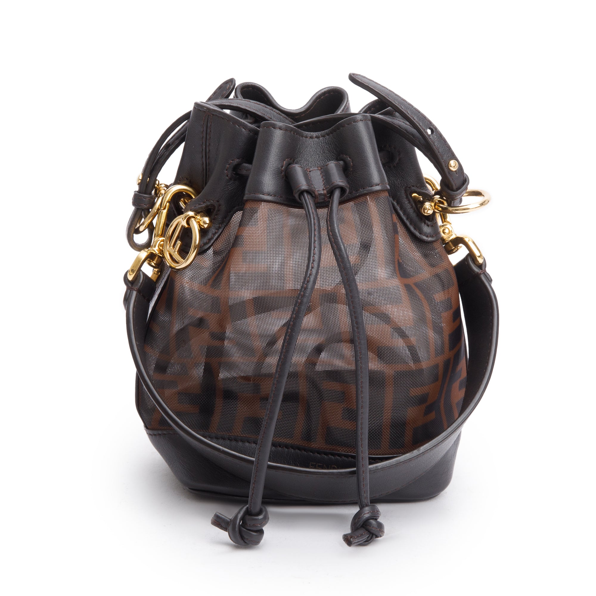 Fendi Brown FF Mesh Leather Trimmed Mini Mon Tresor Bucket Bag