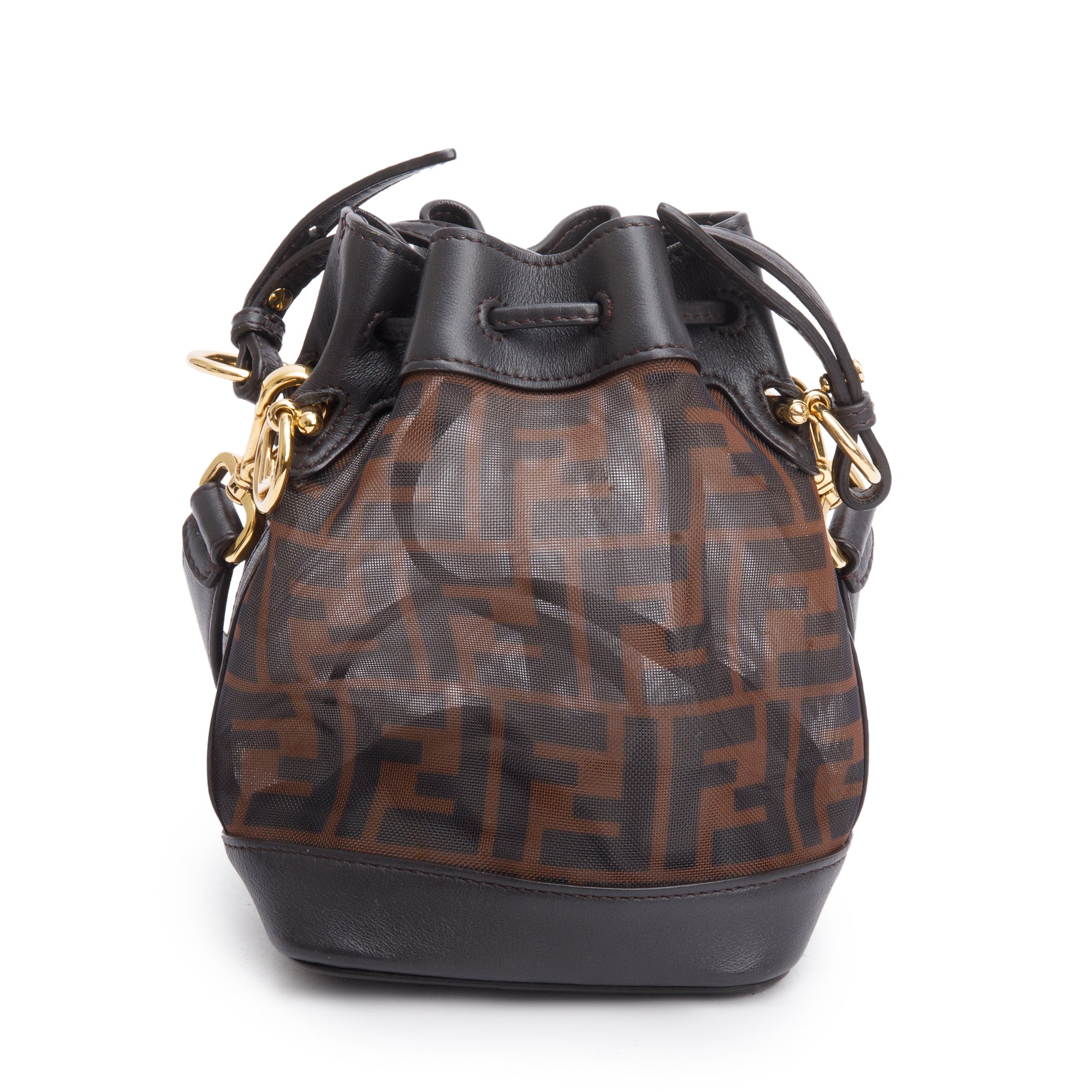 Fendi Brown FF Mesh Leather Trimmed Mini Mon Tresor Bucket Bag