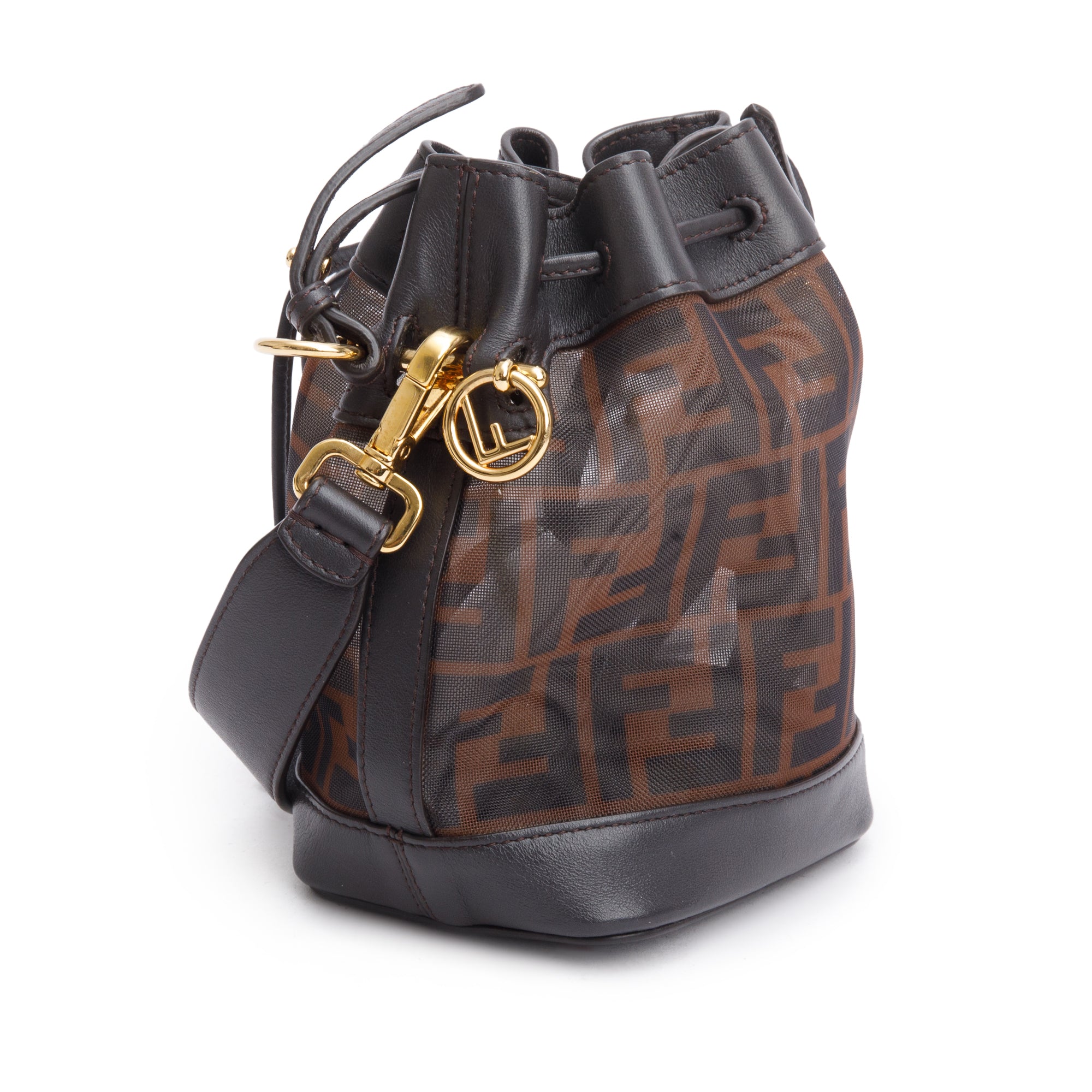 Fendi Brown FF Mesh Leather Trimmed Mini Mon Tresor Bucket Bag
