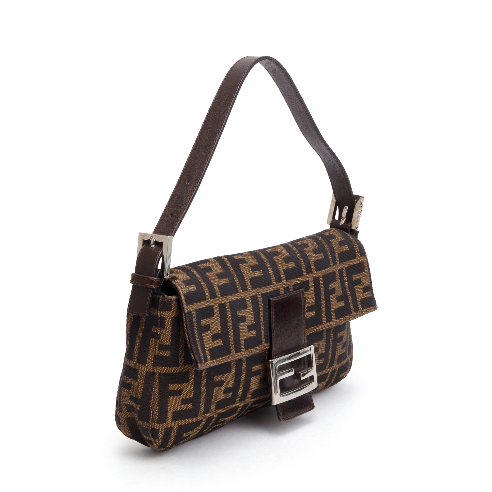 Fendi Brown FF Zucca Canvas Brown Leather Trim Baguette Shoulder Bag