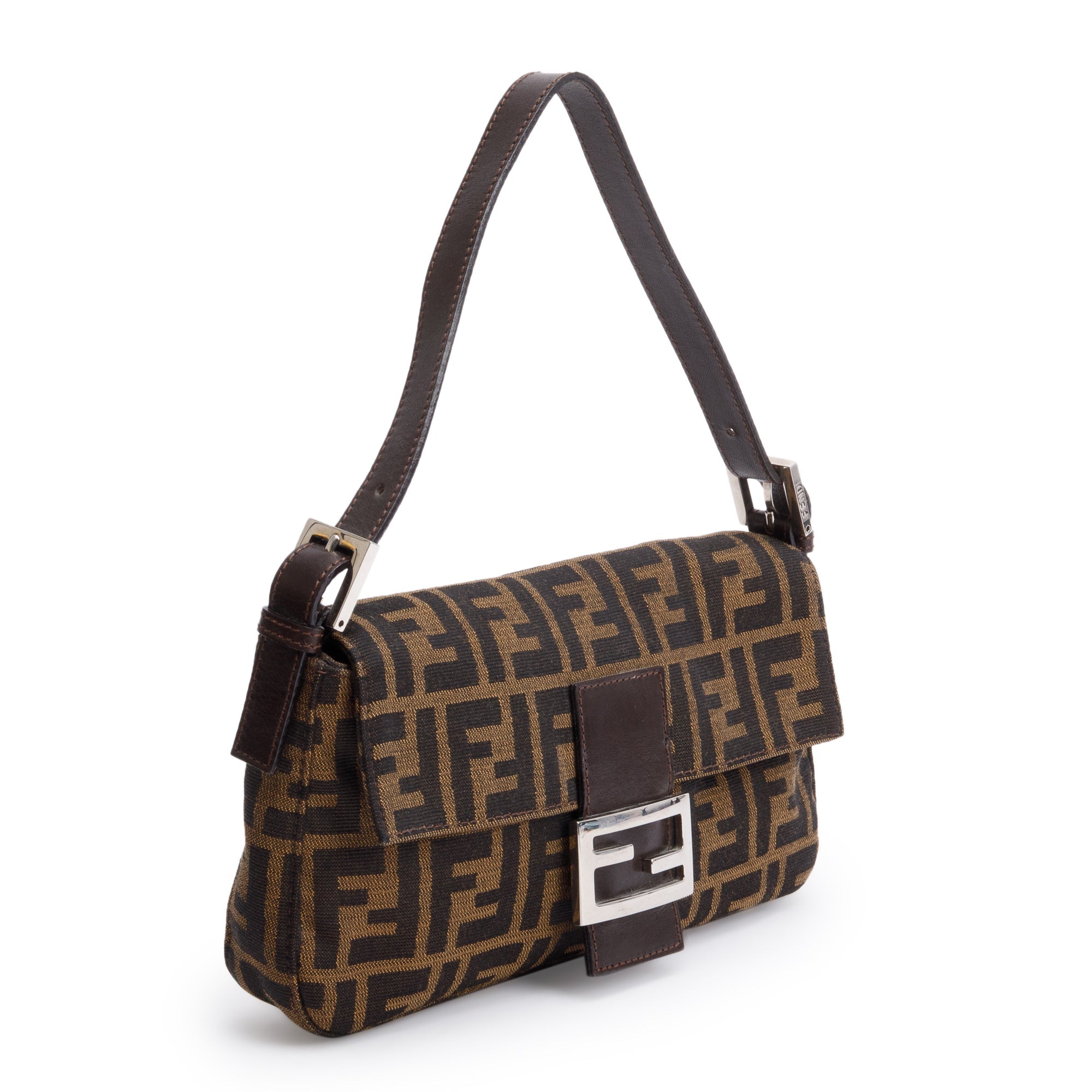 Fendi Brown FF Zucca Canvas Brown Leather Trim Baguette Shoulder Bag