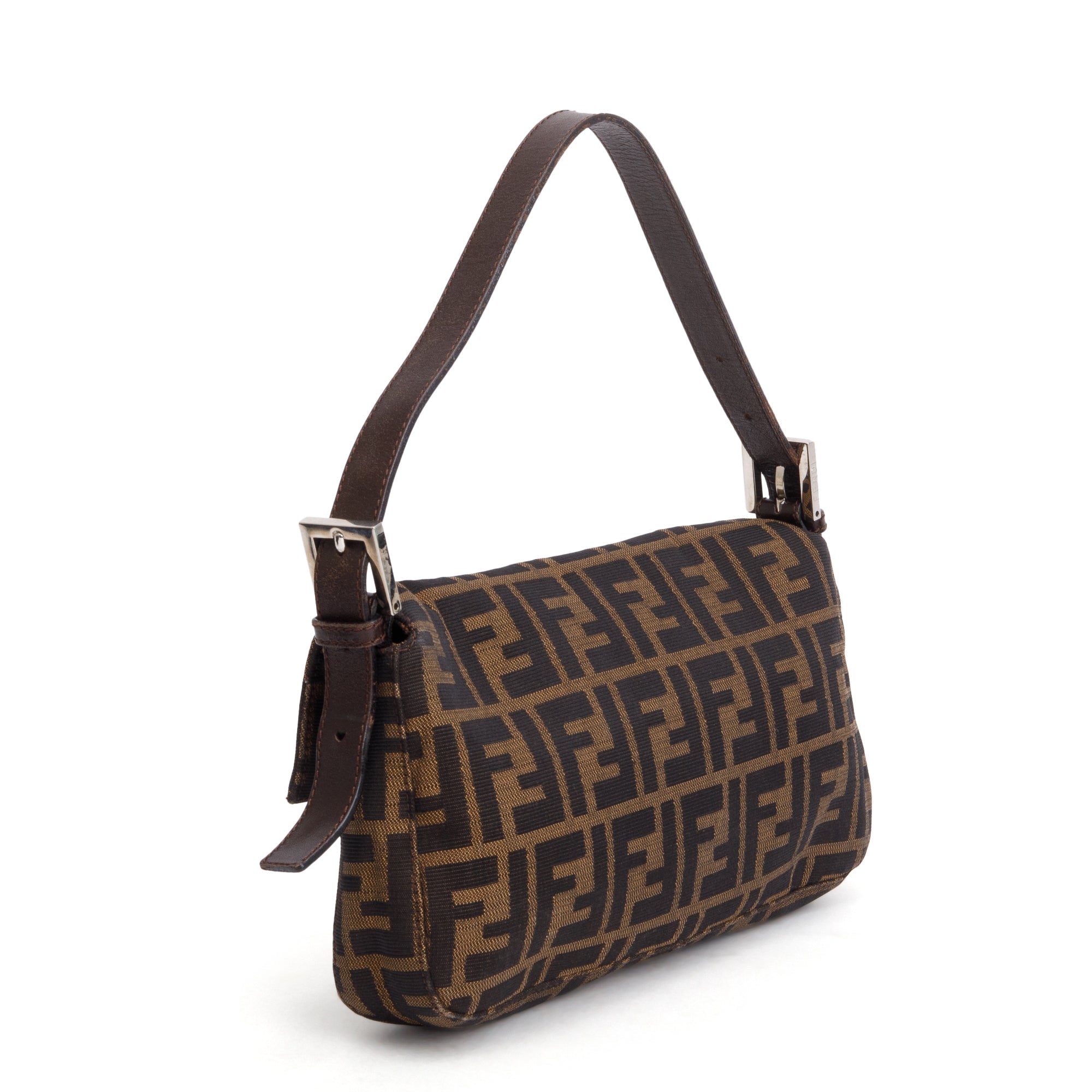 Fendi Brown FF Zucca Canvas Brown Leather Trim Baguette Shoulder Bag