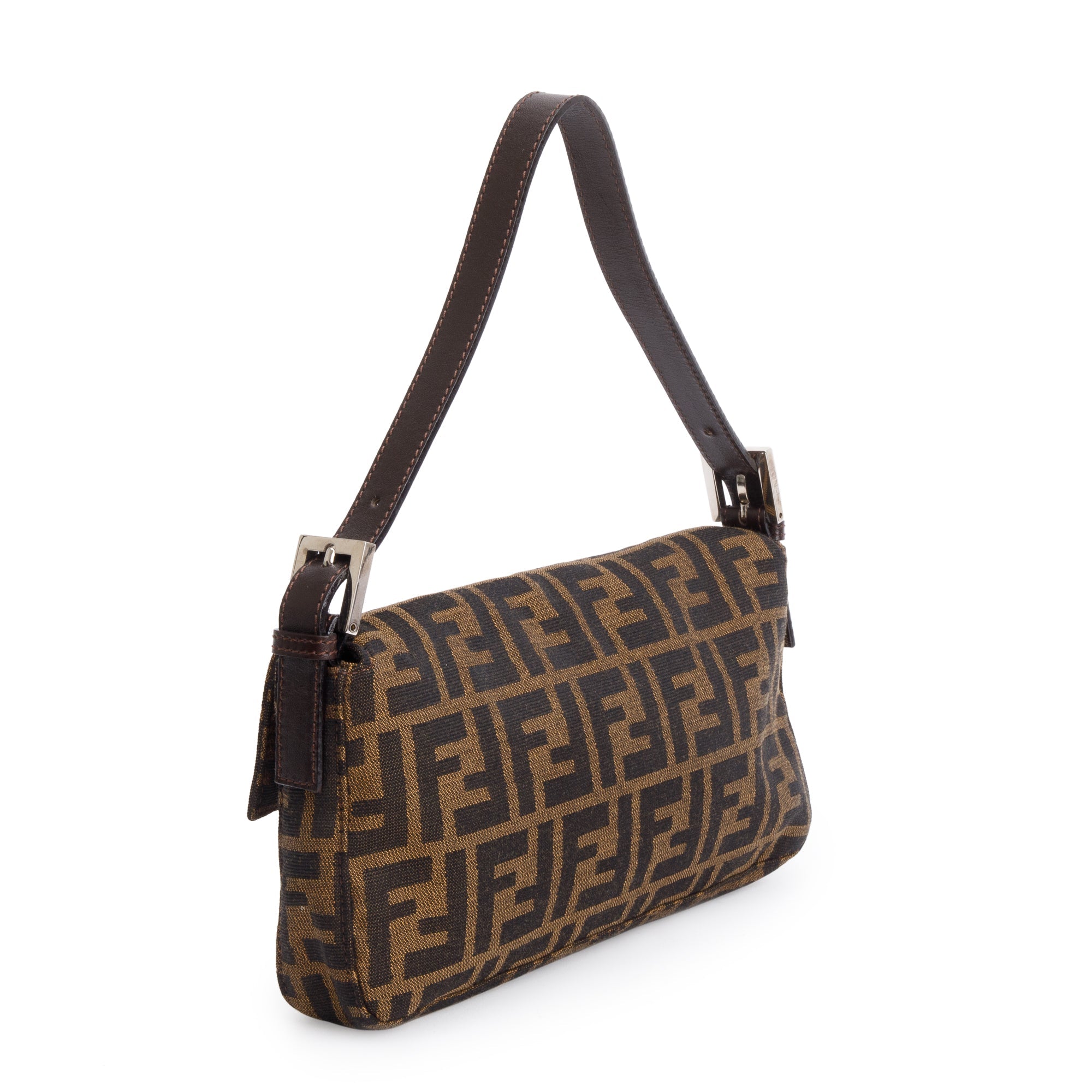 Fendi Brown FF Zucca Canvas Brown Leather Trim Baguette Shoulder Bag