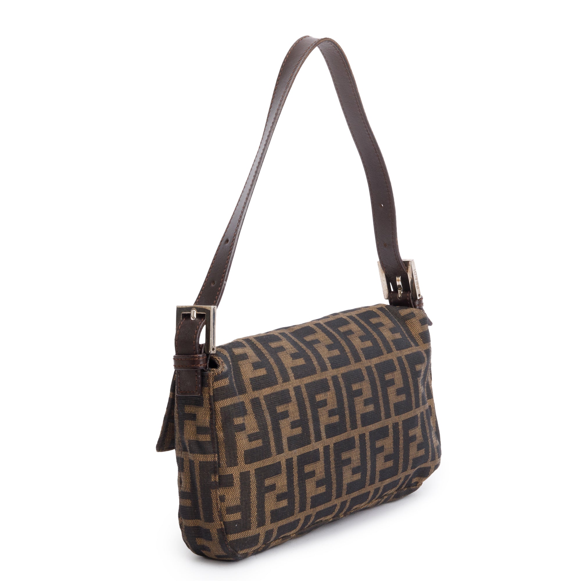 Fendi Brown FF Zucca Canvas Brown Leather Trim Baguette Shoulder Bag