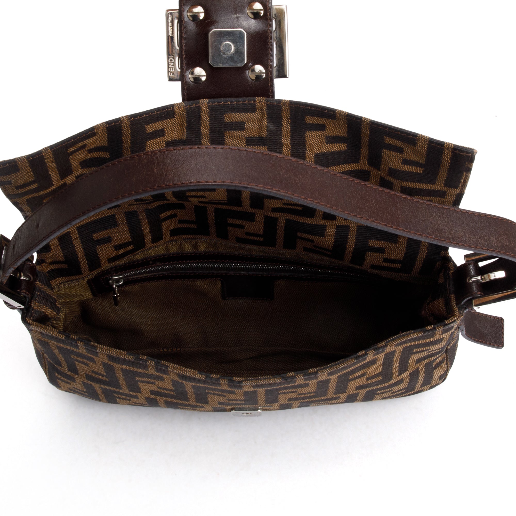 Fendi Brown FF Zucca Canvas Brown Leather Trim Baguette Shoulder Bag