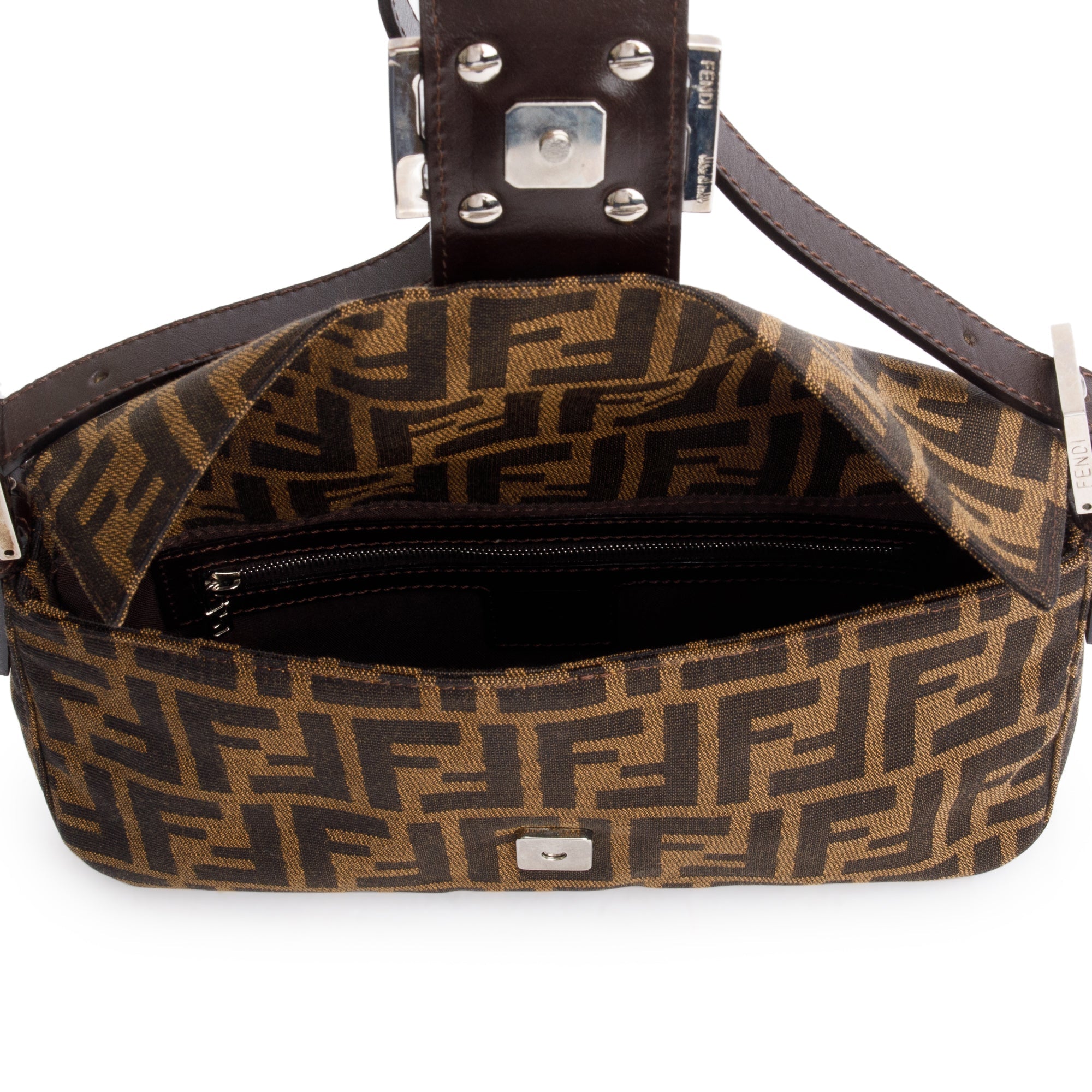 Fendi Brown FF Zucca Canvas Brown Leather Trim Baguette Shoulder Bag