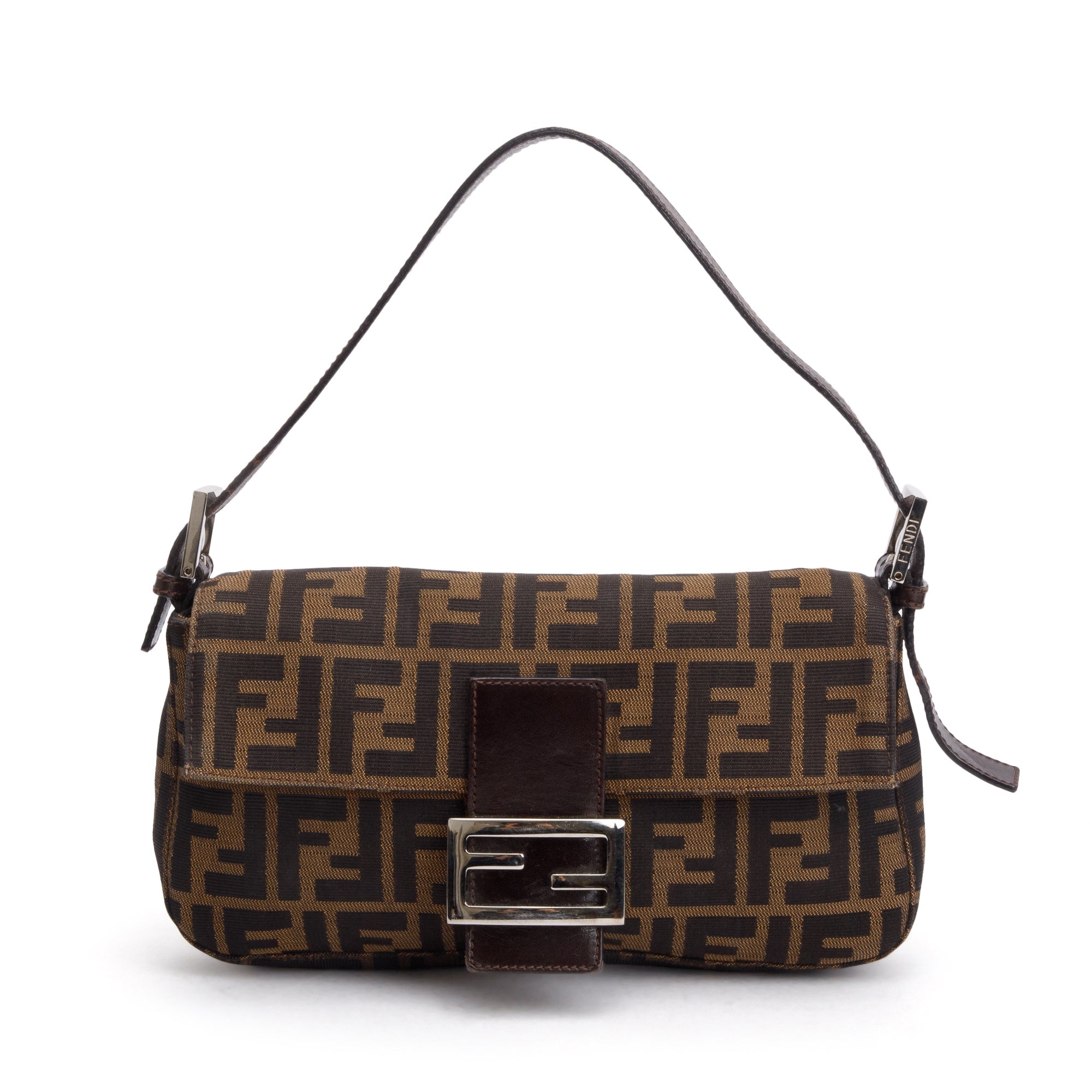 Fendi Brown FF Zucca Canvas Brown Leather Trim Baguette Shoulder Bag