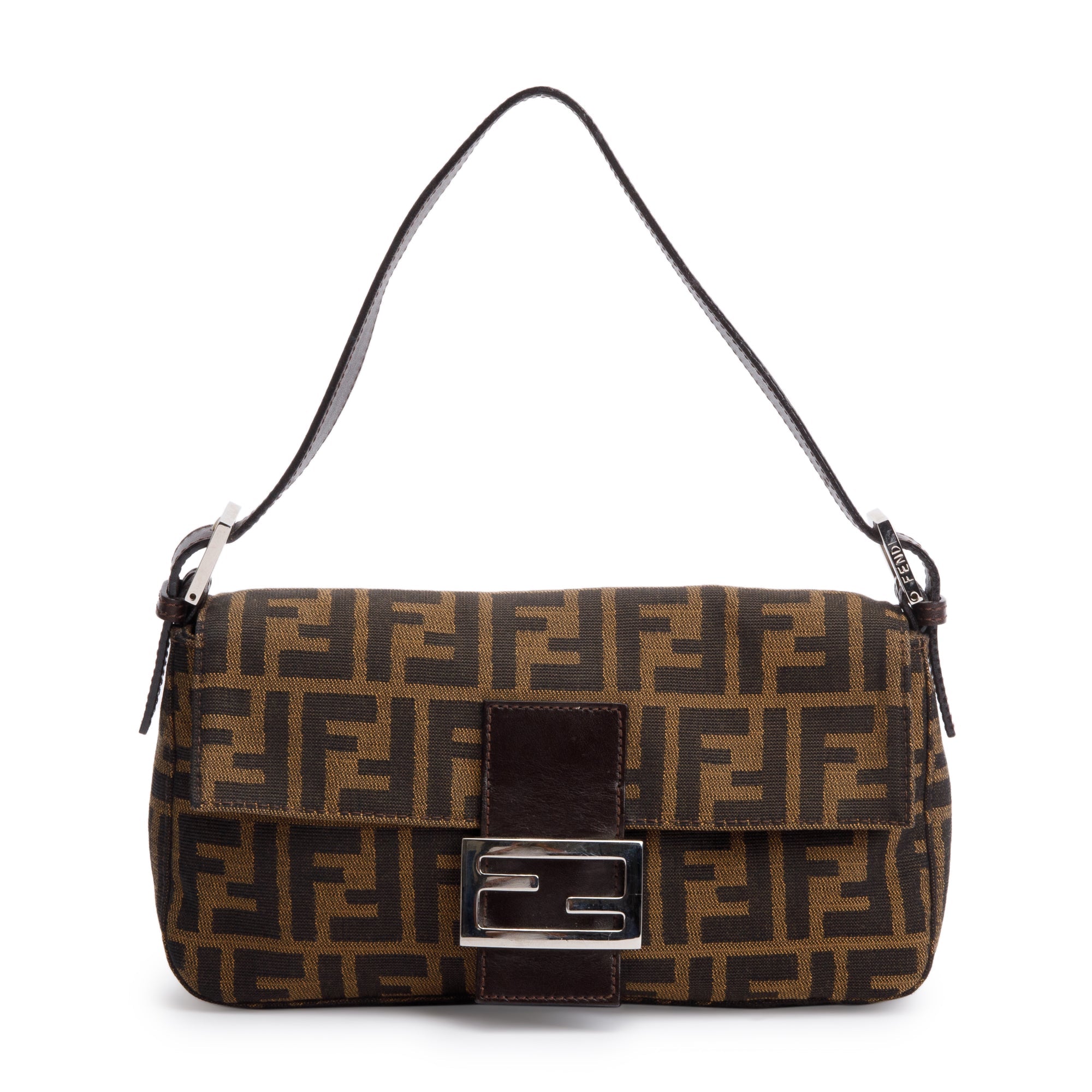 Fendi Brown FF Zucca Canvas Brown Leather Trim Baguette Shoulder Bag
