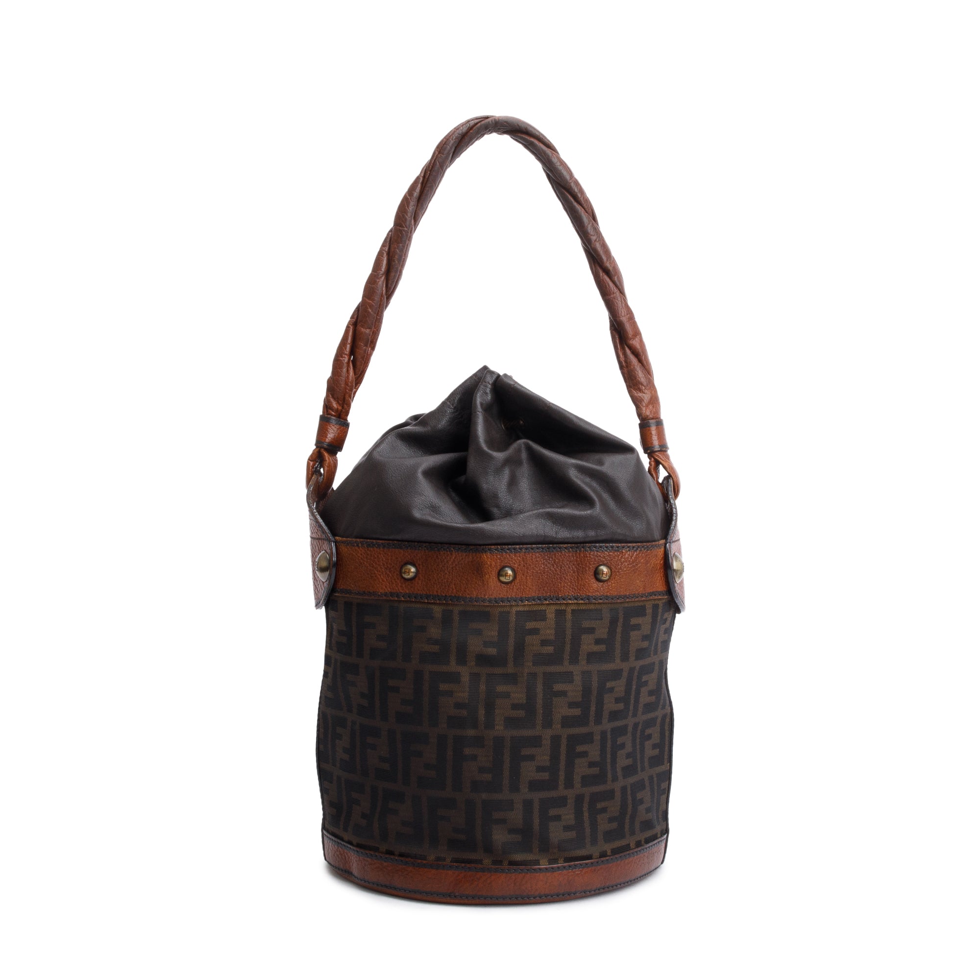 Fendi Brown FF Zucca Canvas Brown Leather Trim Large Palazzo Drawstring Bucket Bag