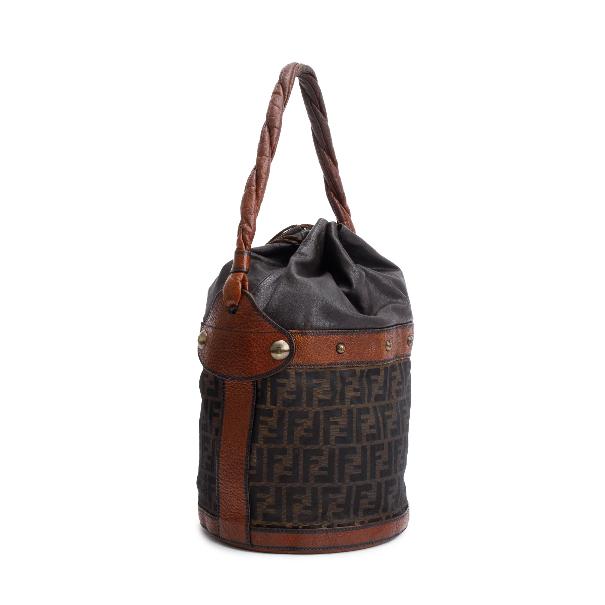 Fendi Brown FF Zucca Canvas Brown Leather Trim Large Palazzo Drawstring Bucket Bag