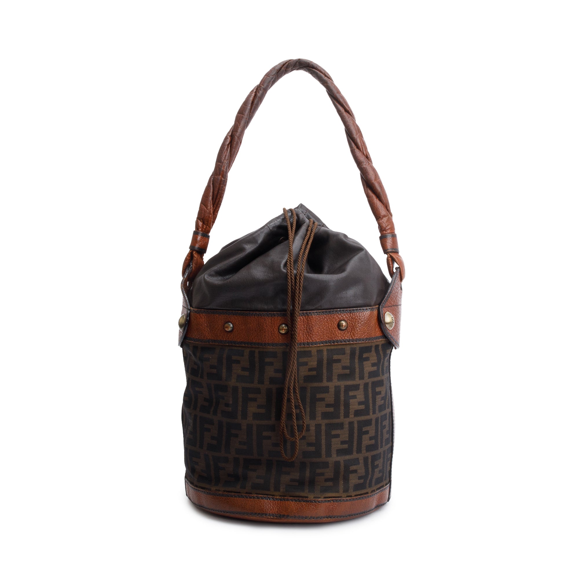 Fendi Brown FF Zucca Canvas Brown Leather Trim Large Palazzo Drawstring Bucket Bag