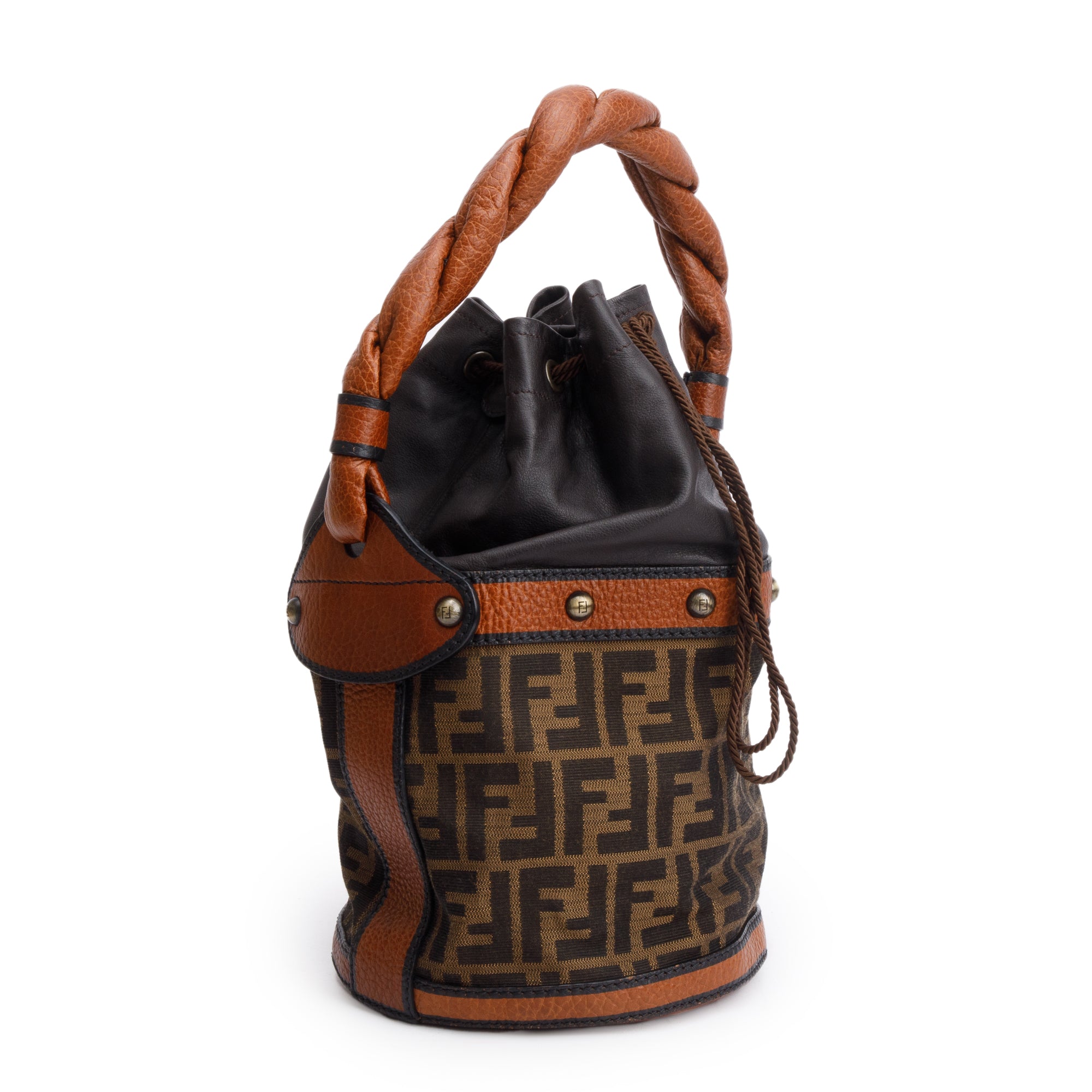 Fendi Brown FF Zucca Canvas Brown Leather Trim Small Palazzo Drawstring Bucket Bag