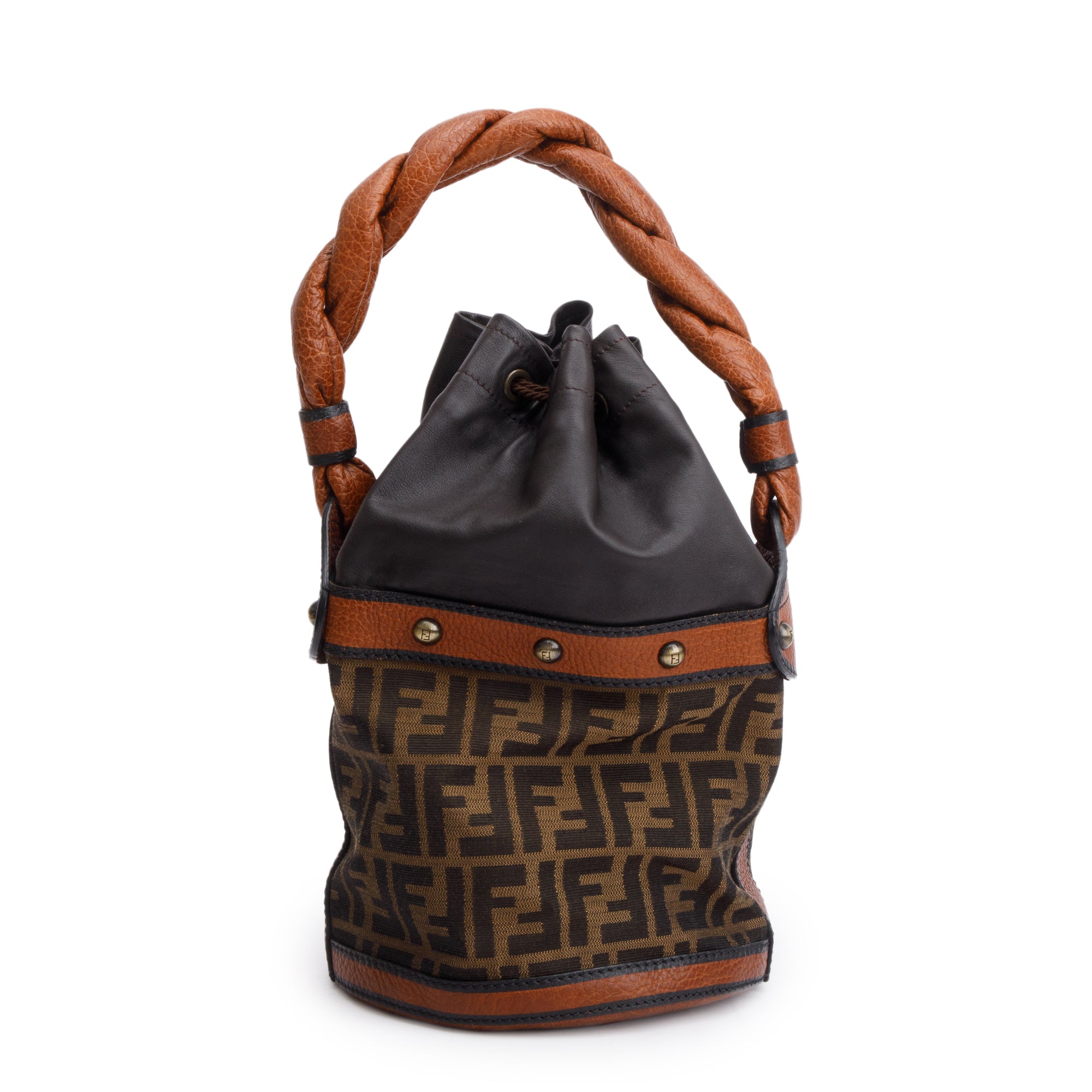 Fendi Brown FF Zucca Canvas Brown Leather Trim Small Palazzo Drawstring Bucket Bag