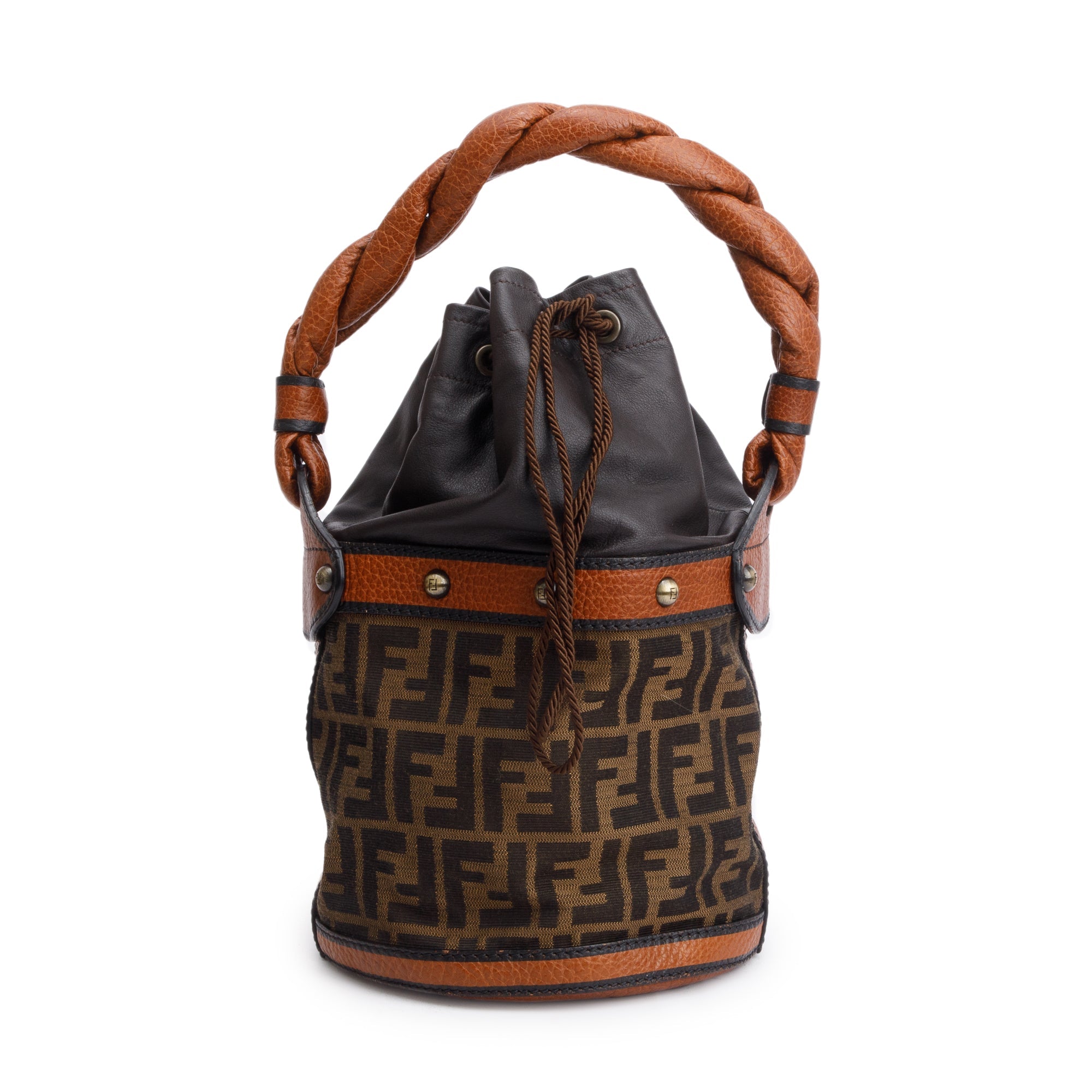 Fendi Brown FF Zucca Canvas Brown Leather Trim Small Palazzo Drawstring Bucket Bag