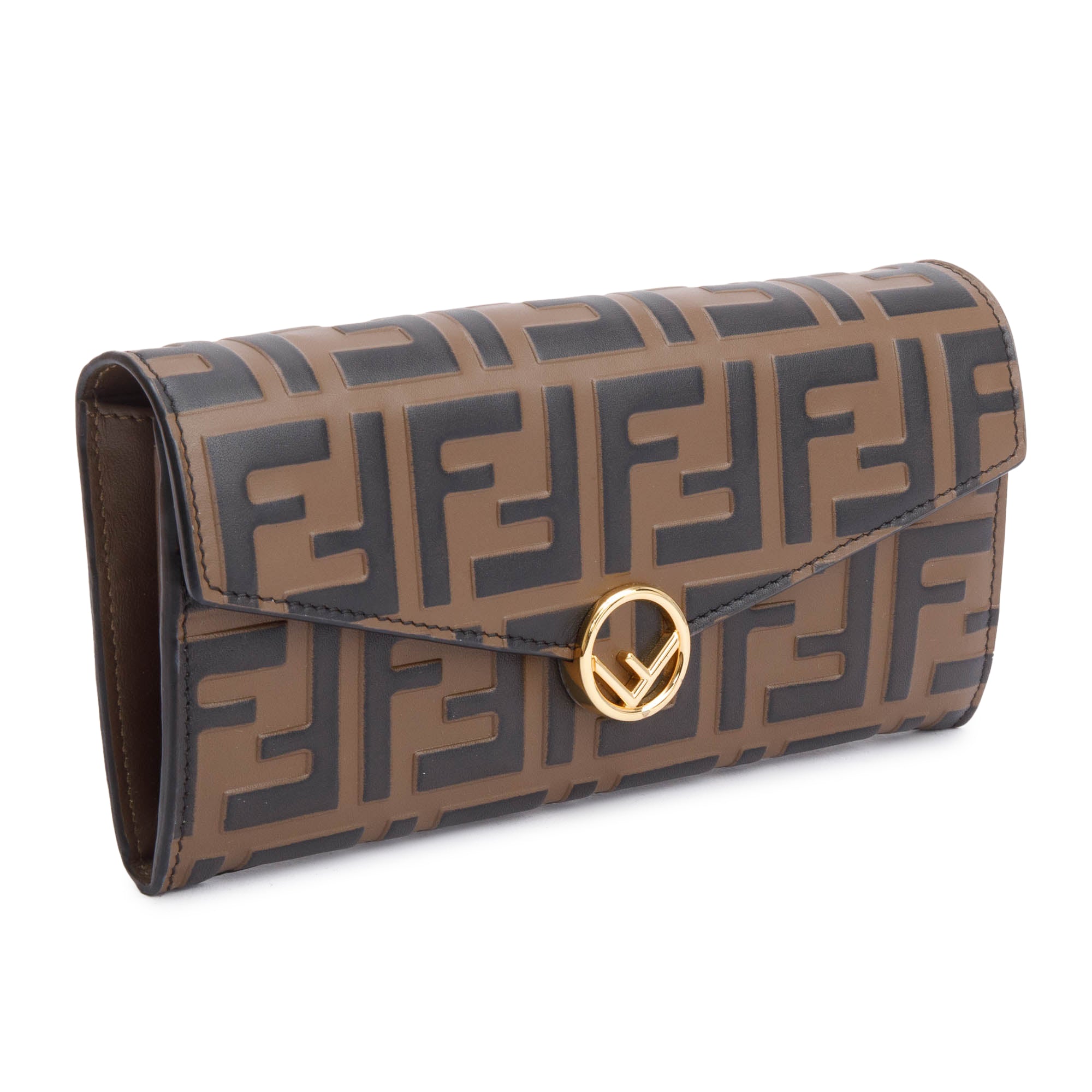 Fendi Brown FF Zucca Embossed Leather Continental Wallet on Chain w/ Box