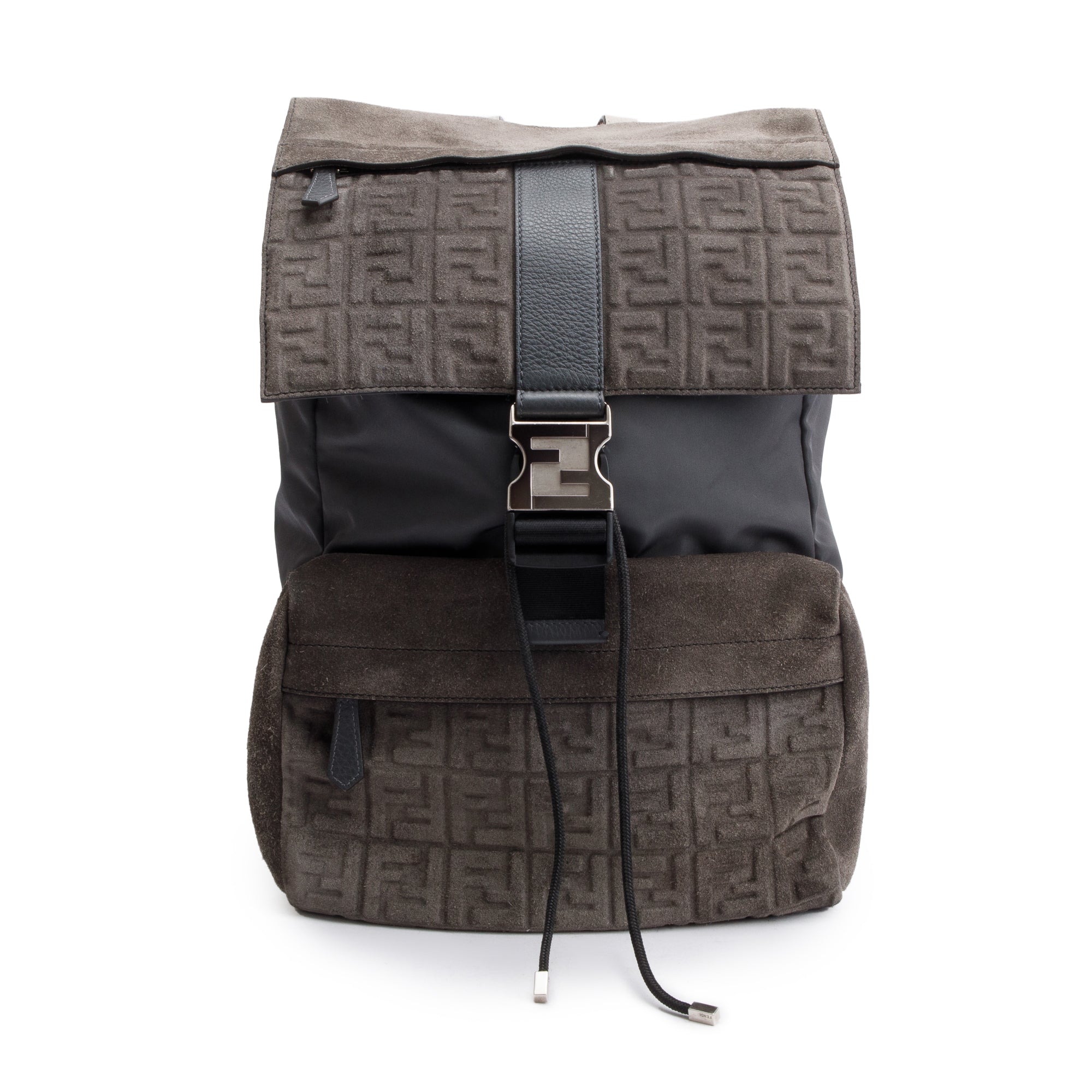 Fendi Brown FF Zucca Embossed Suede Grey Nylon Medium Fendiness Roma Backpack