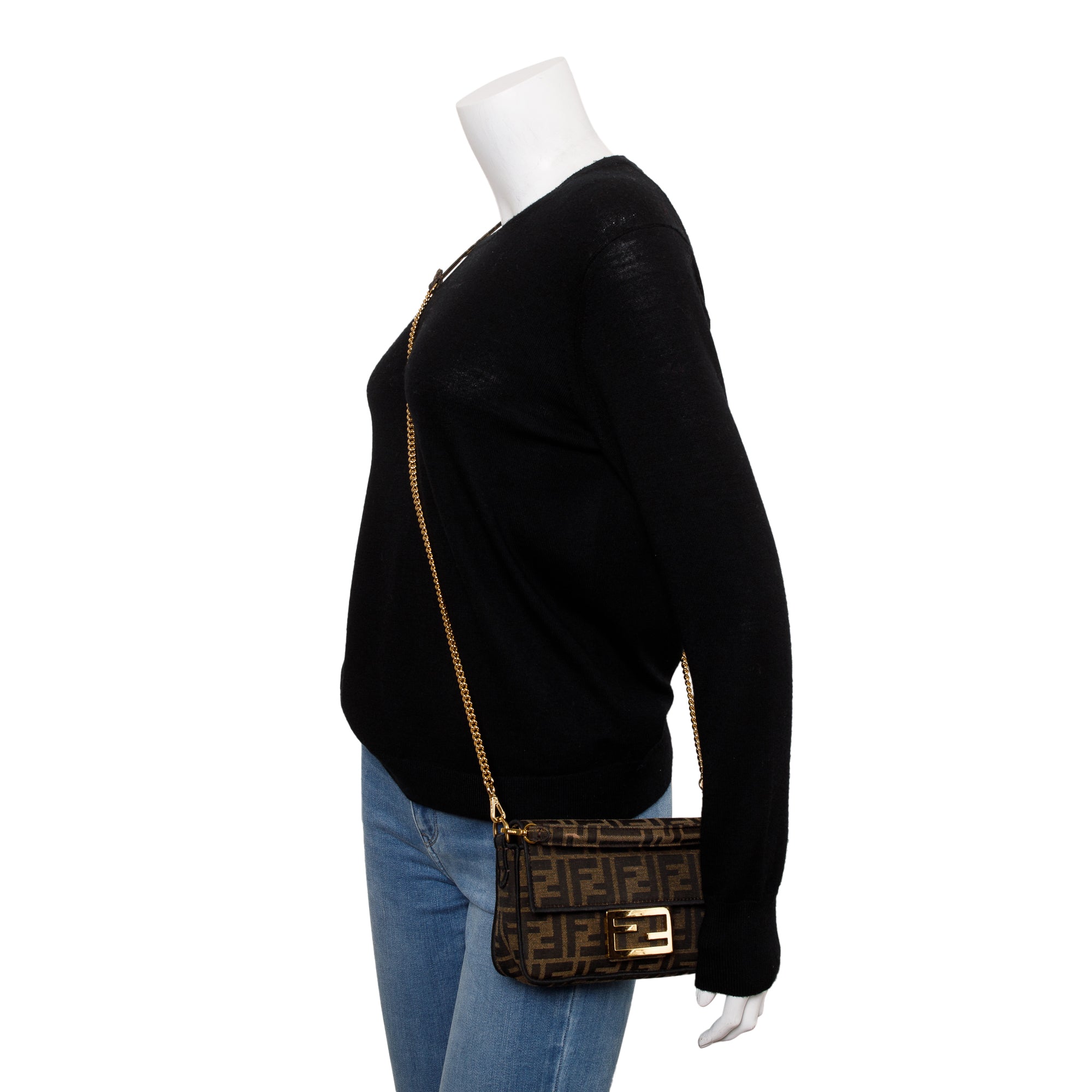 Fendi Brown FF Zucca Mini Be Baguette Chain Crossbody