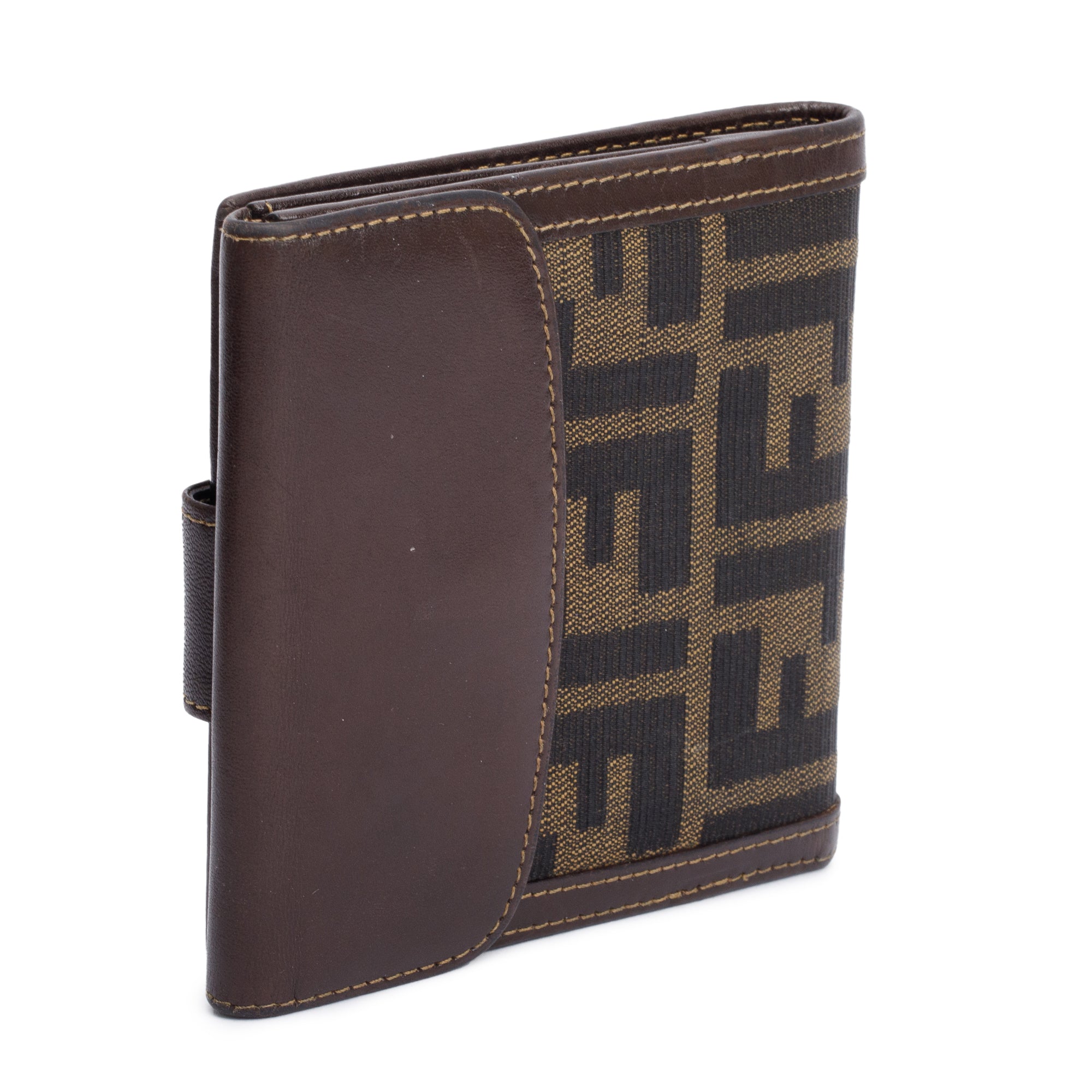 Fendi Brown Leather FF Logo Zucca Canvas Compact Wallet