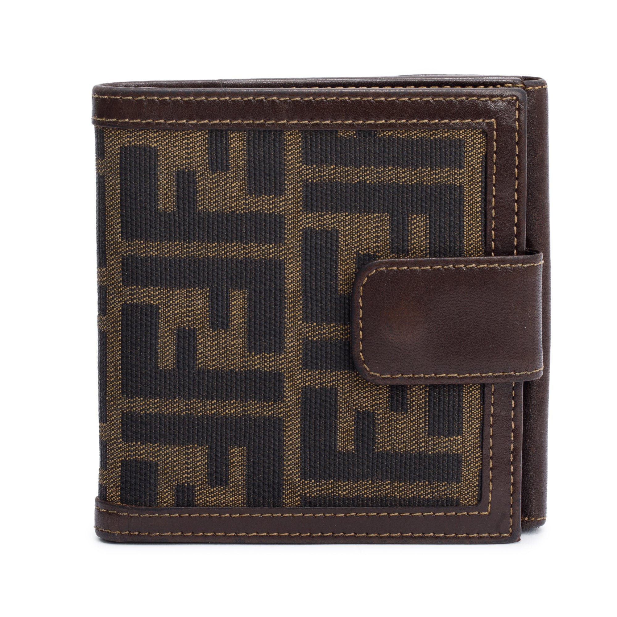 Fendi Brown Leather FF Logo Zucca Canvas Compact Wallet