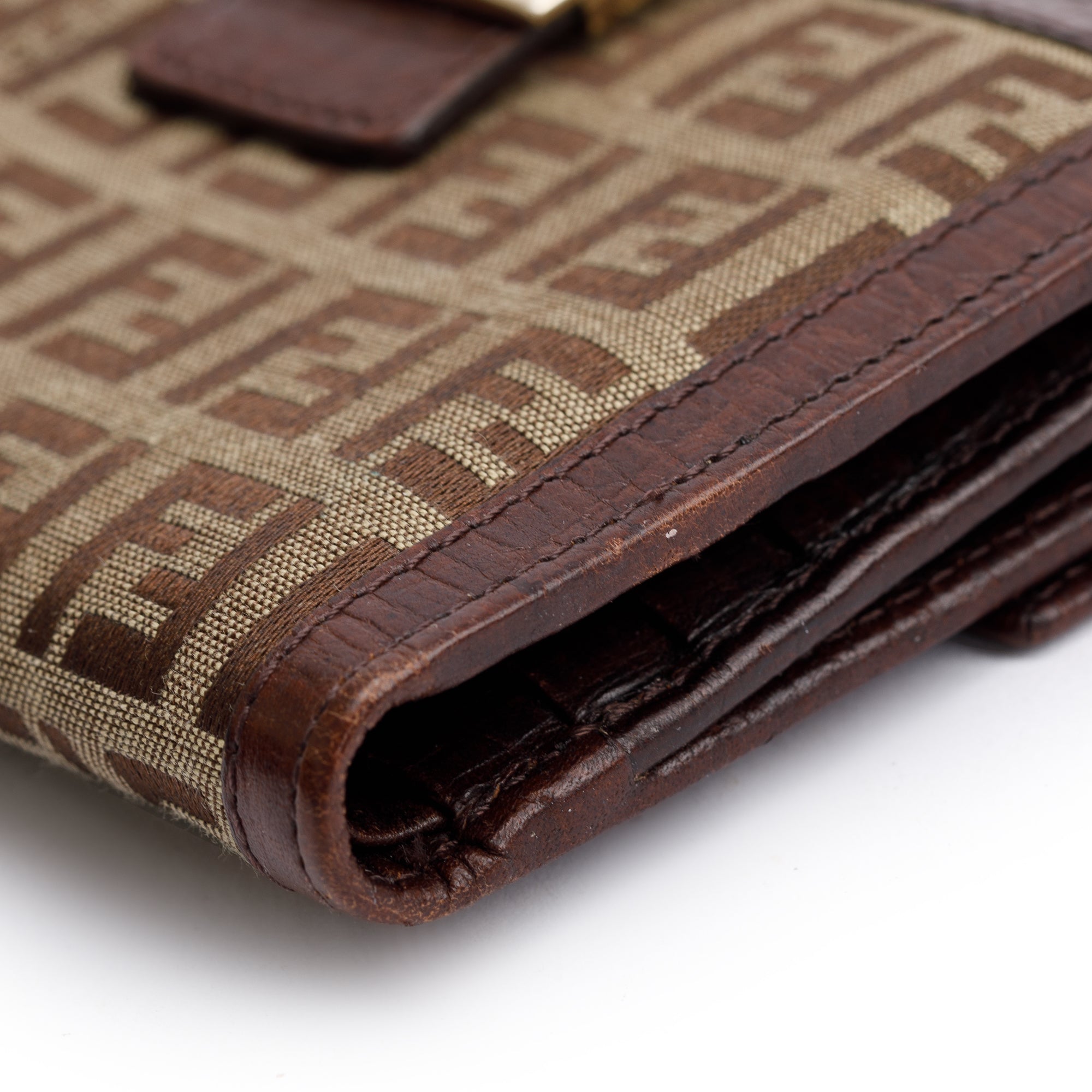 Fendi Brown Leather FF Zucca Canvas Compact Wallet