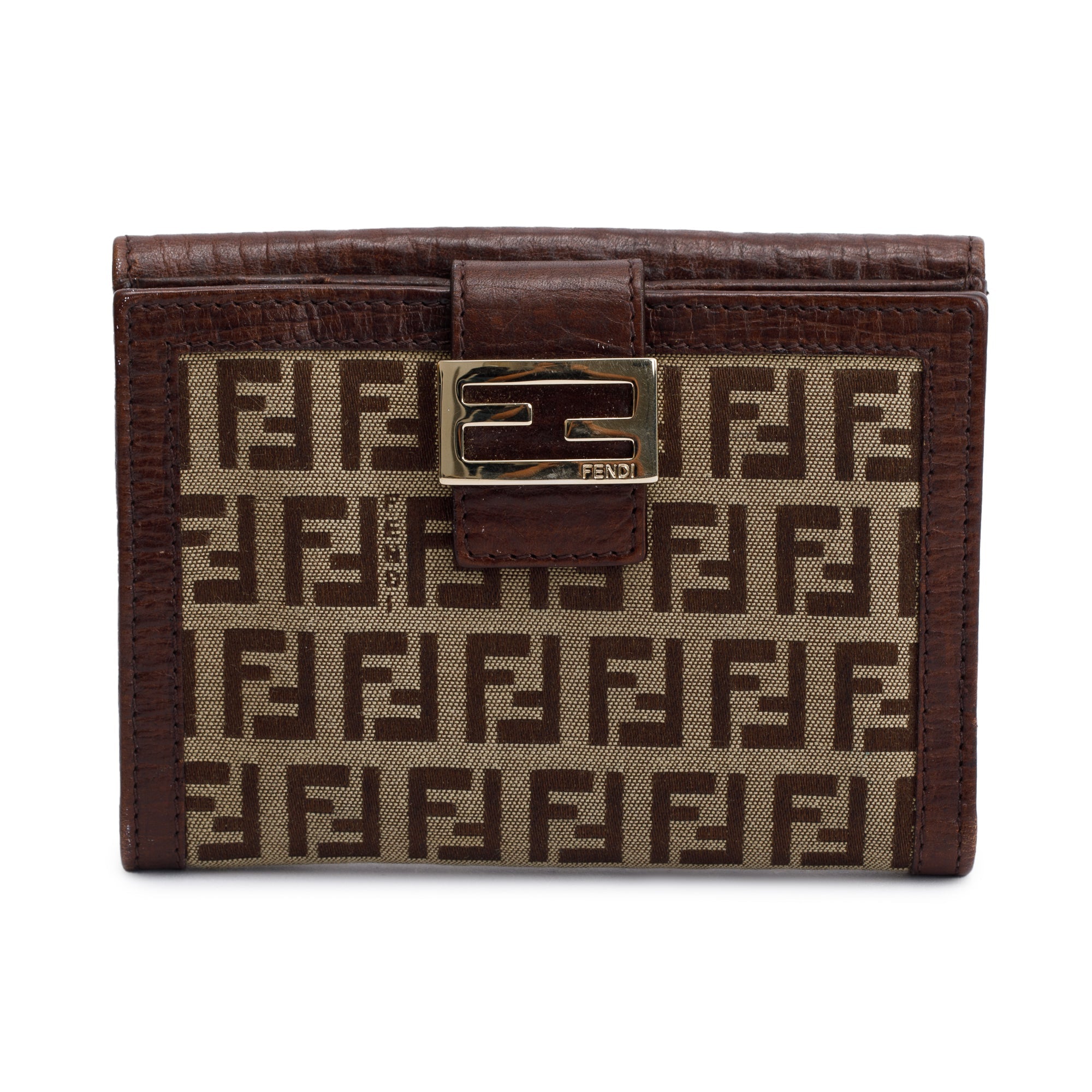 Fendi Brown Leather FF Zucca Canvas Compact Wallet