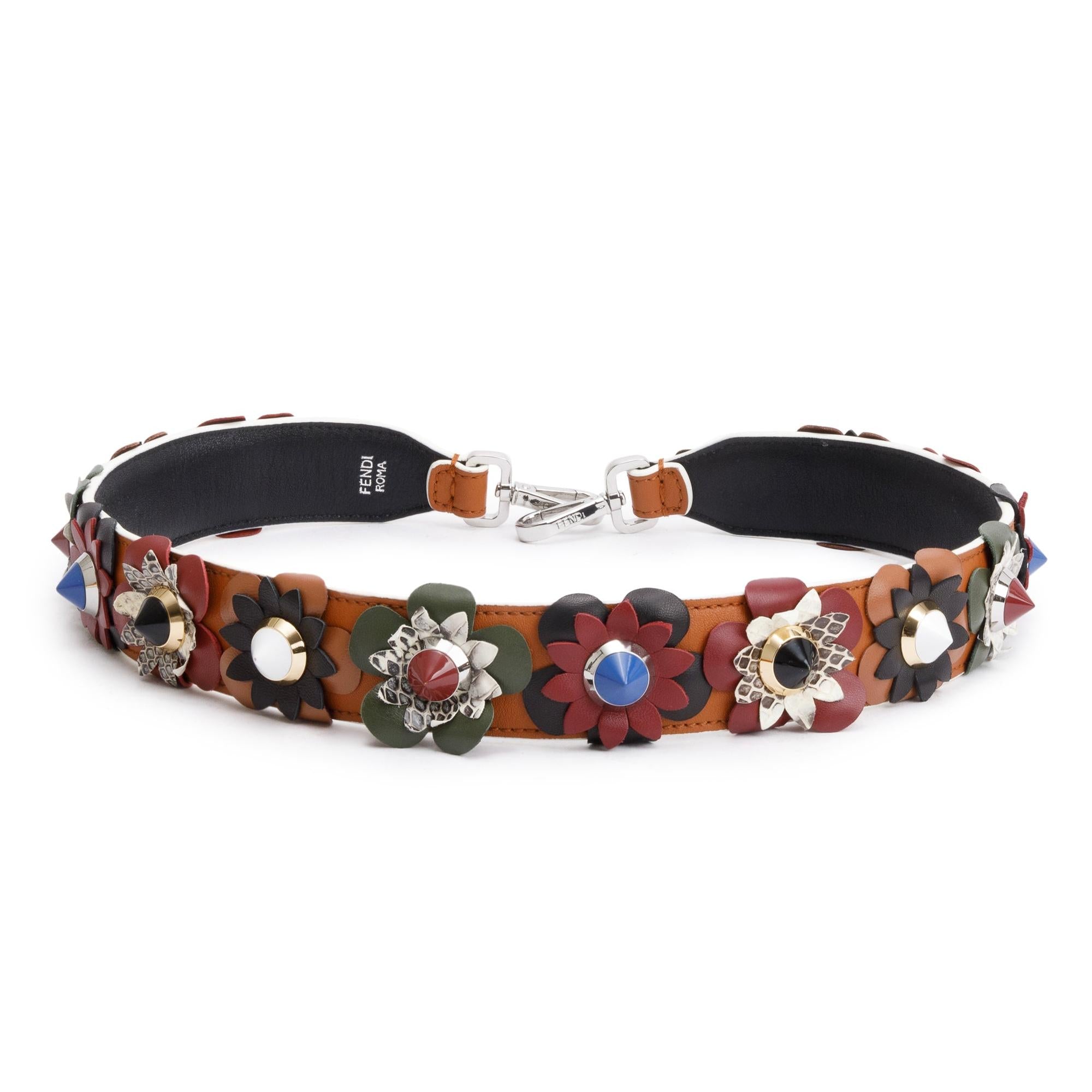 Fendi Brown Leather Studded Flowerland Strap You Shoulder Bag Strap