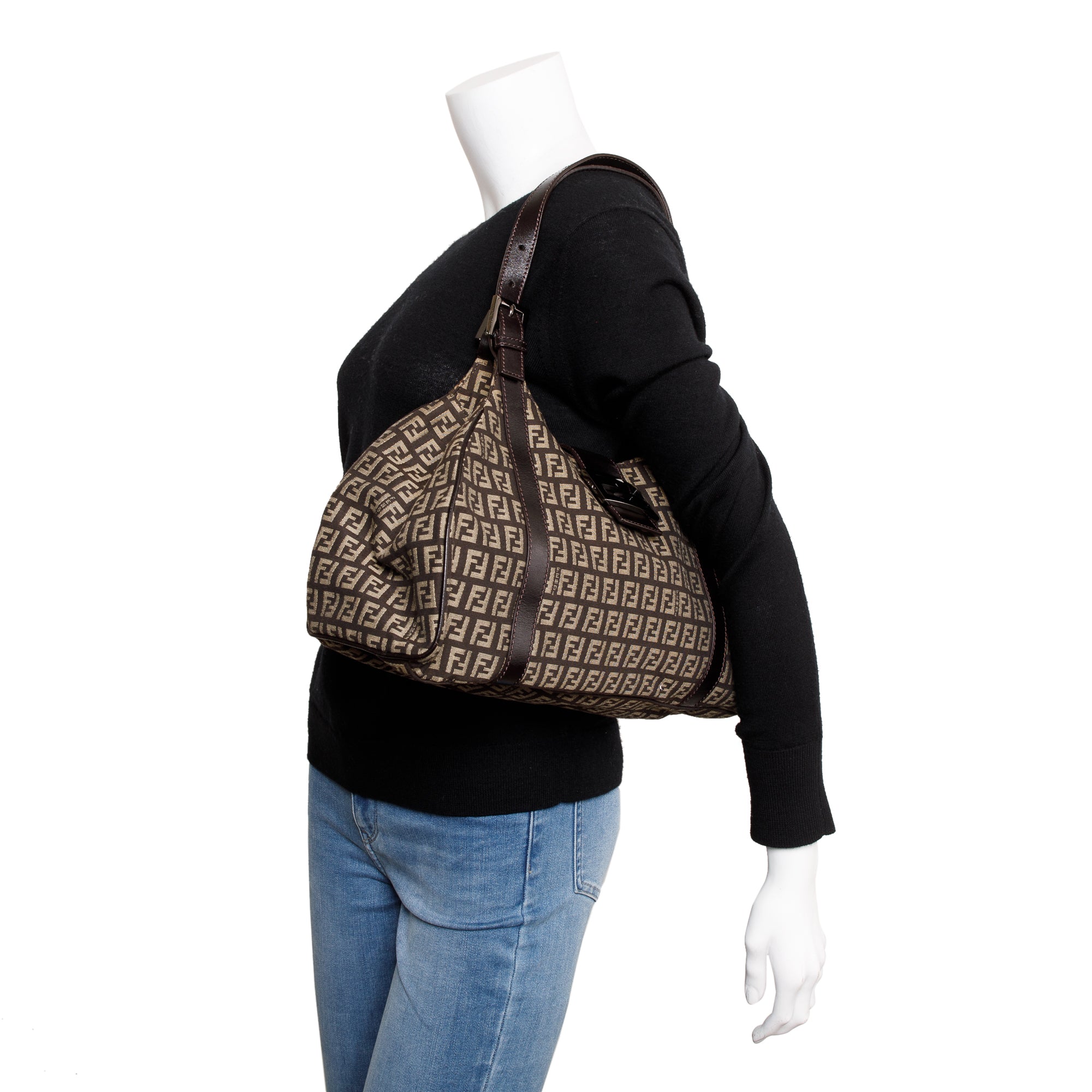 Fendi Brown Leather-Trimmed Zucchino Shoulder Bag