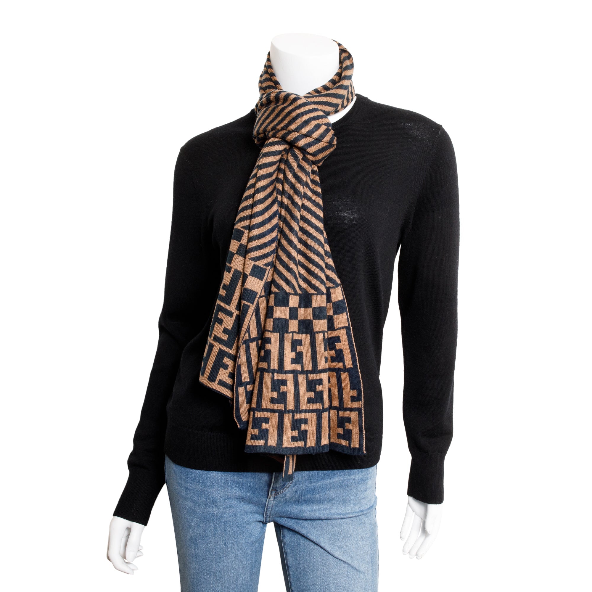 Fendi Brown Wool Zucca FF Logo Scarf
