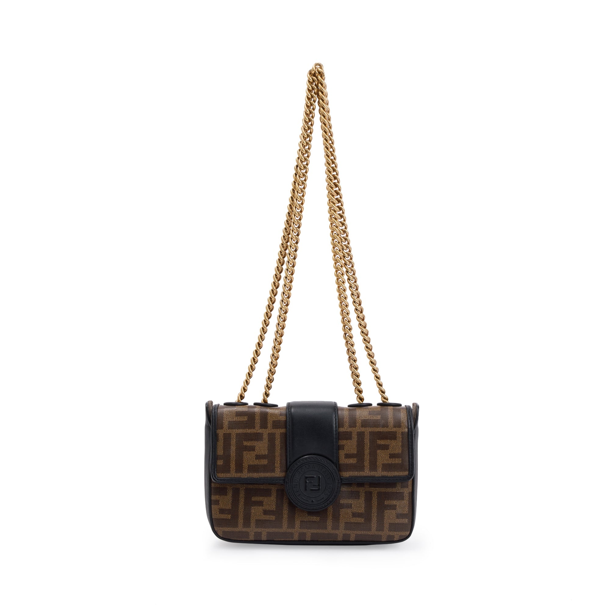 Fendi Brown Zucca Canvas Mini FF 1974 Logo Stamp Flap Shoulder Bag