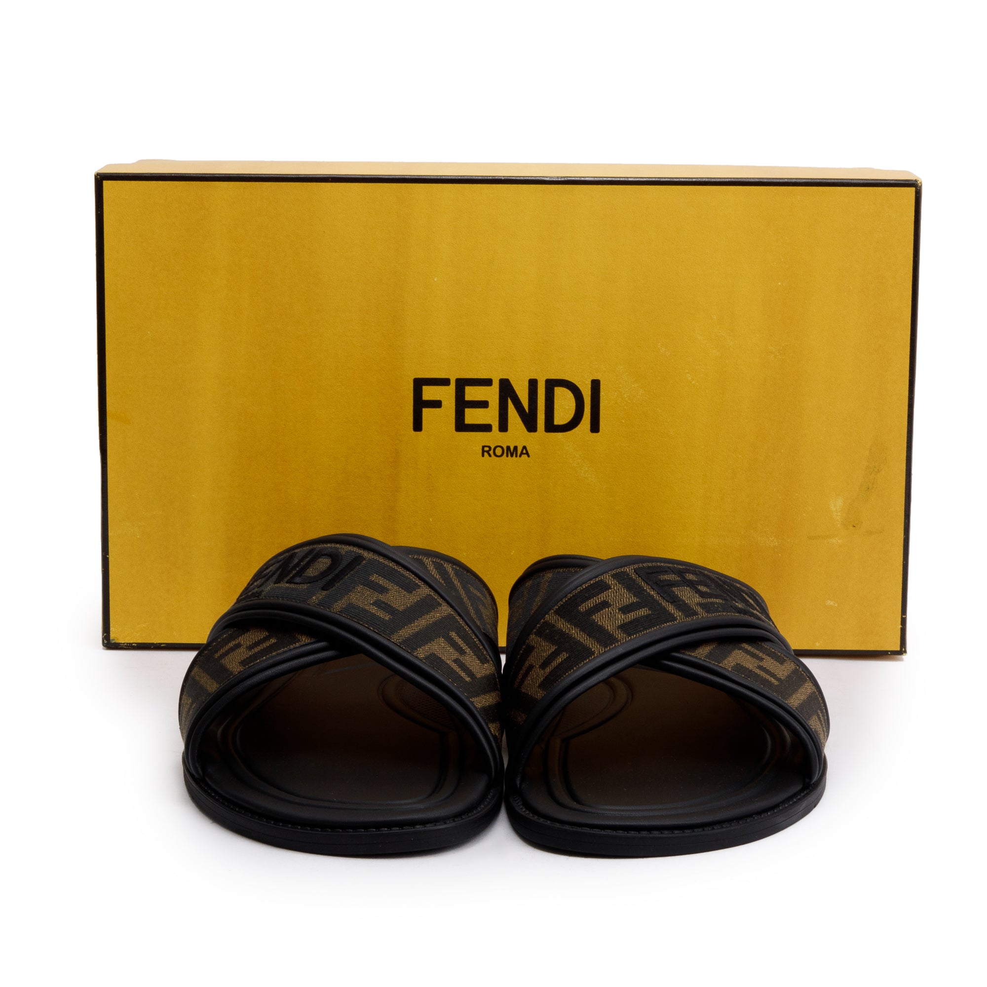 Fendi Brown Zucca FF Logo Canvas Slides, Size 11 w/ Box