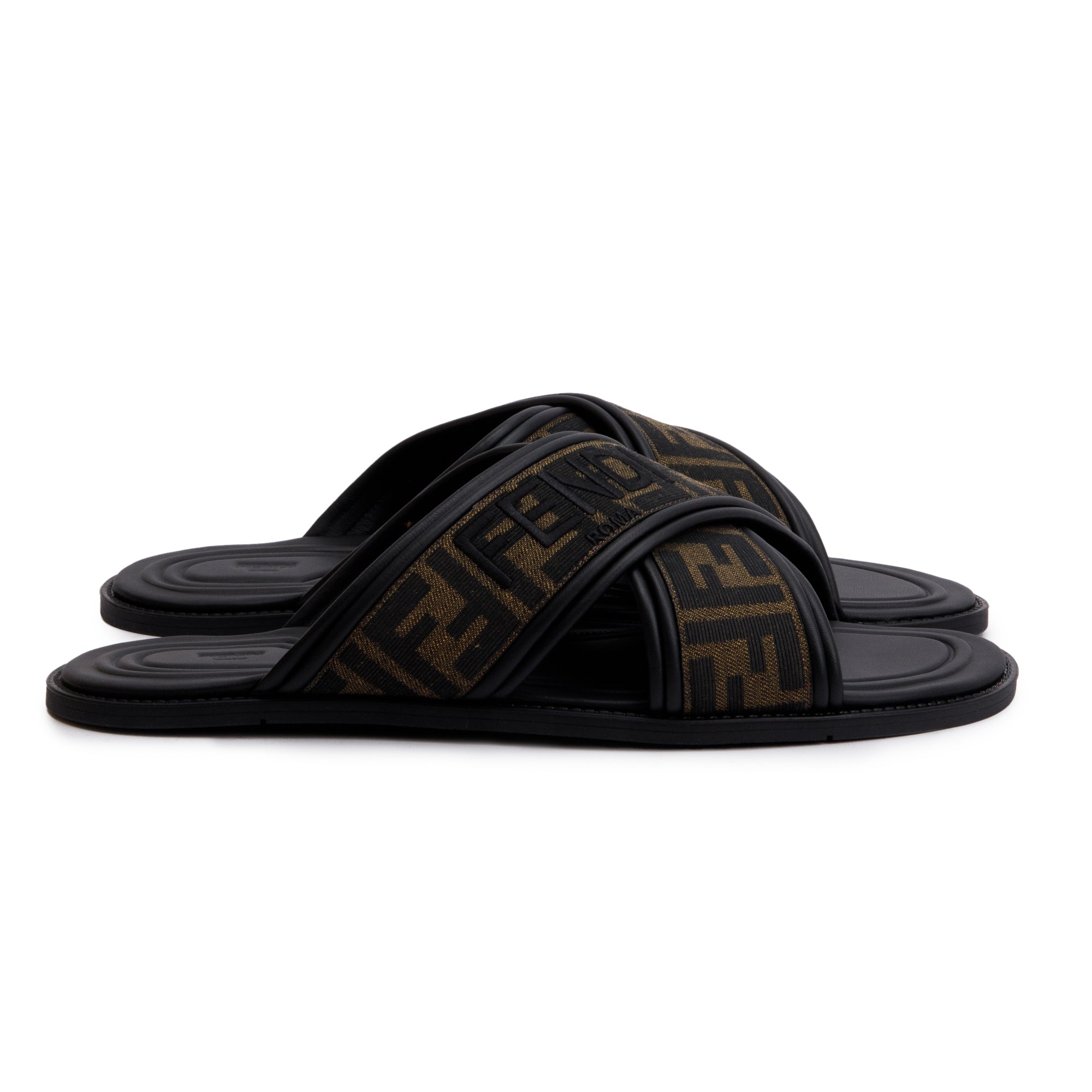 Fendi Brown Zucca FF Logo Canvas Slides, Size 11 w/ Box