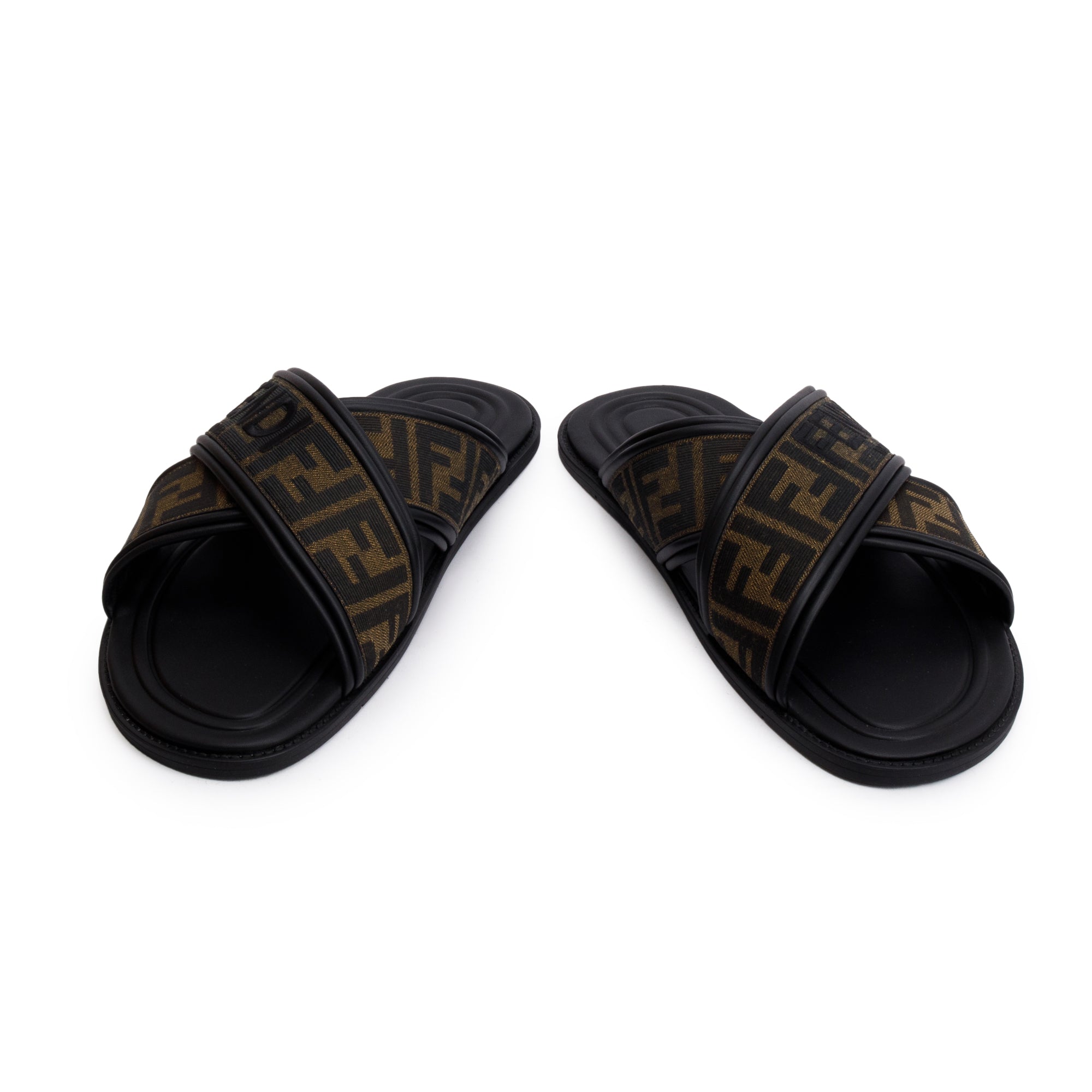 Fendi Brown Zucca FF Logo Canvas Slides, Size 11 w/ Box